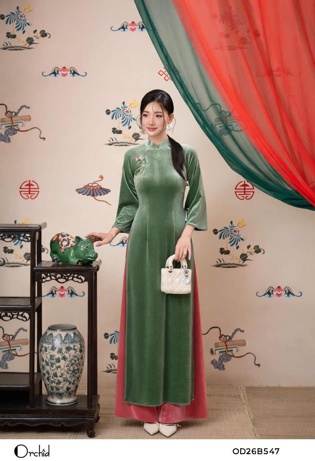 OD26B547 - Sét bộ áo dài nhung the