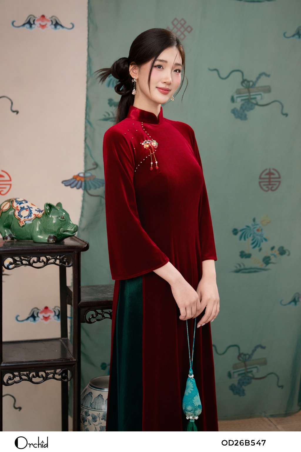 OD26B547 - Sét bộ áo dài nhung the
