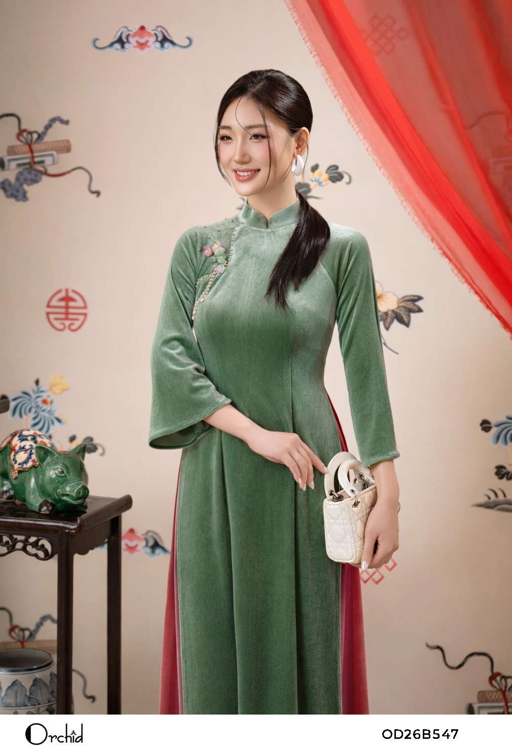 OD26B547 - Sét bộ áo dài nhung the