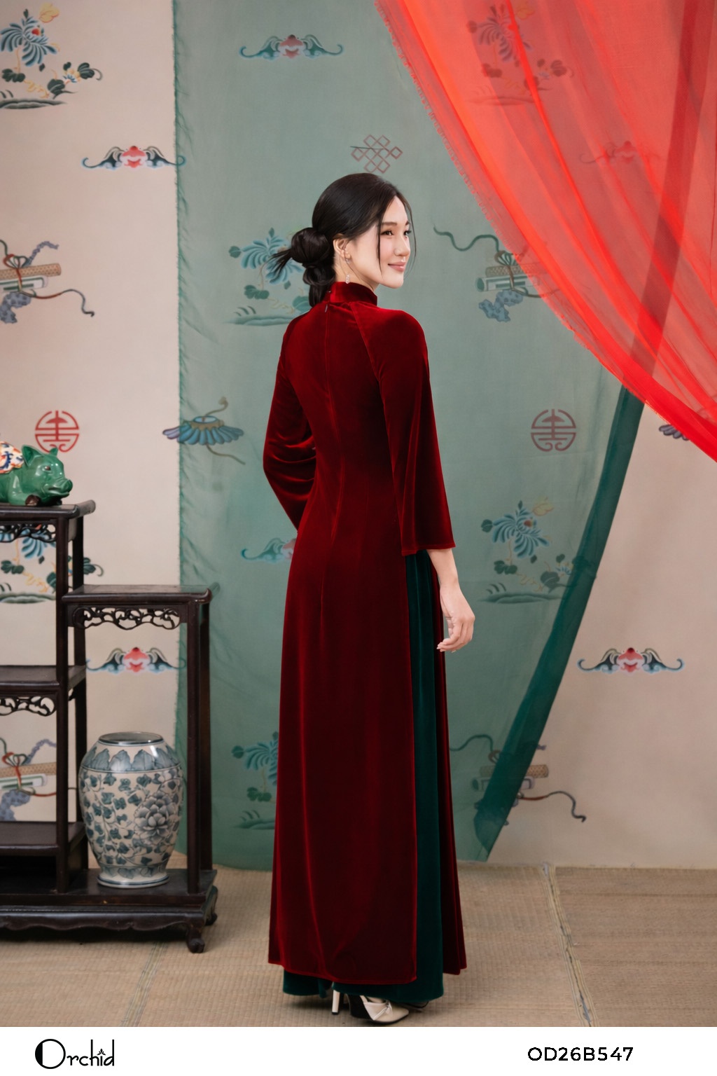 OD26B547 - Sét bộ áo dài nhung the