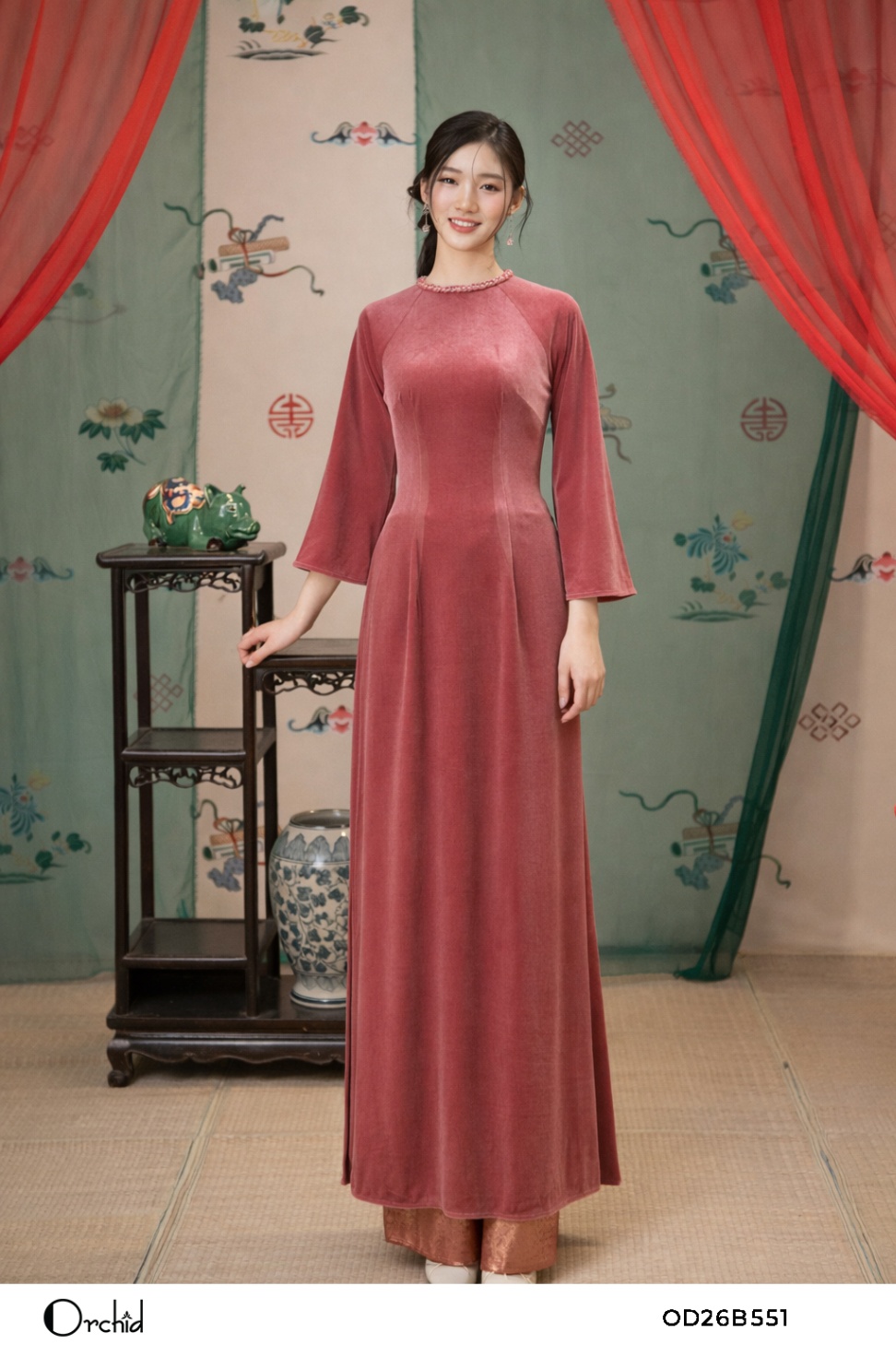 OD26B551 - Sét bộ áo dài nhung the