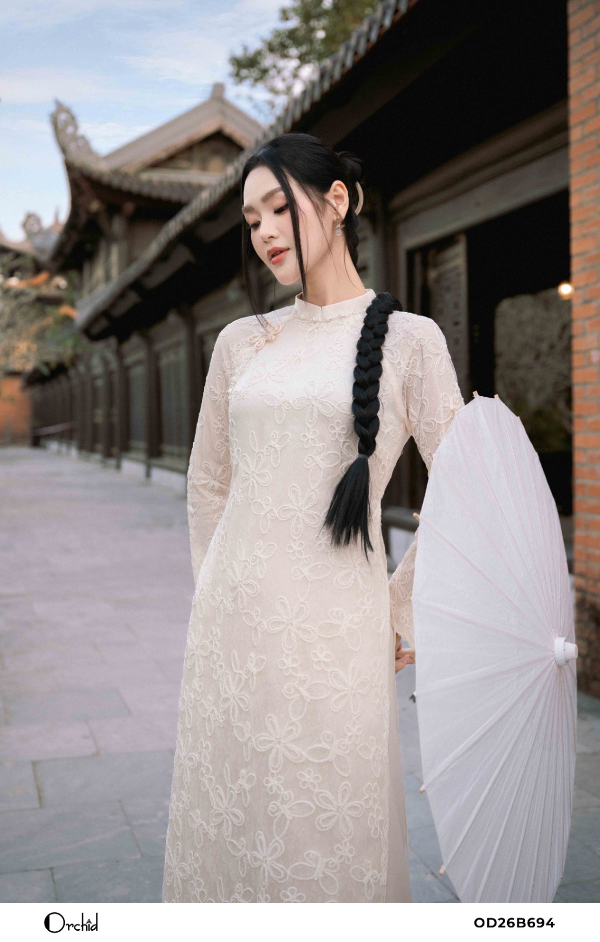 OD26B694 - Sét bộ áo dài lưới ánh thêu hoa 3D