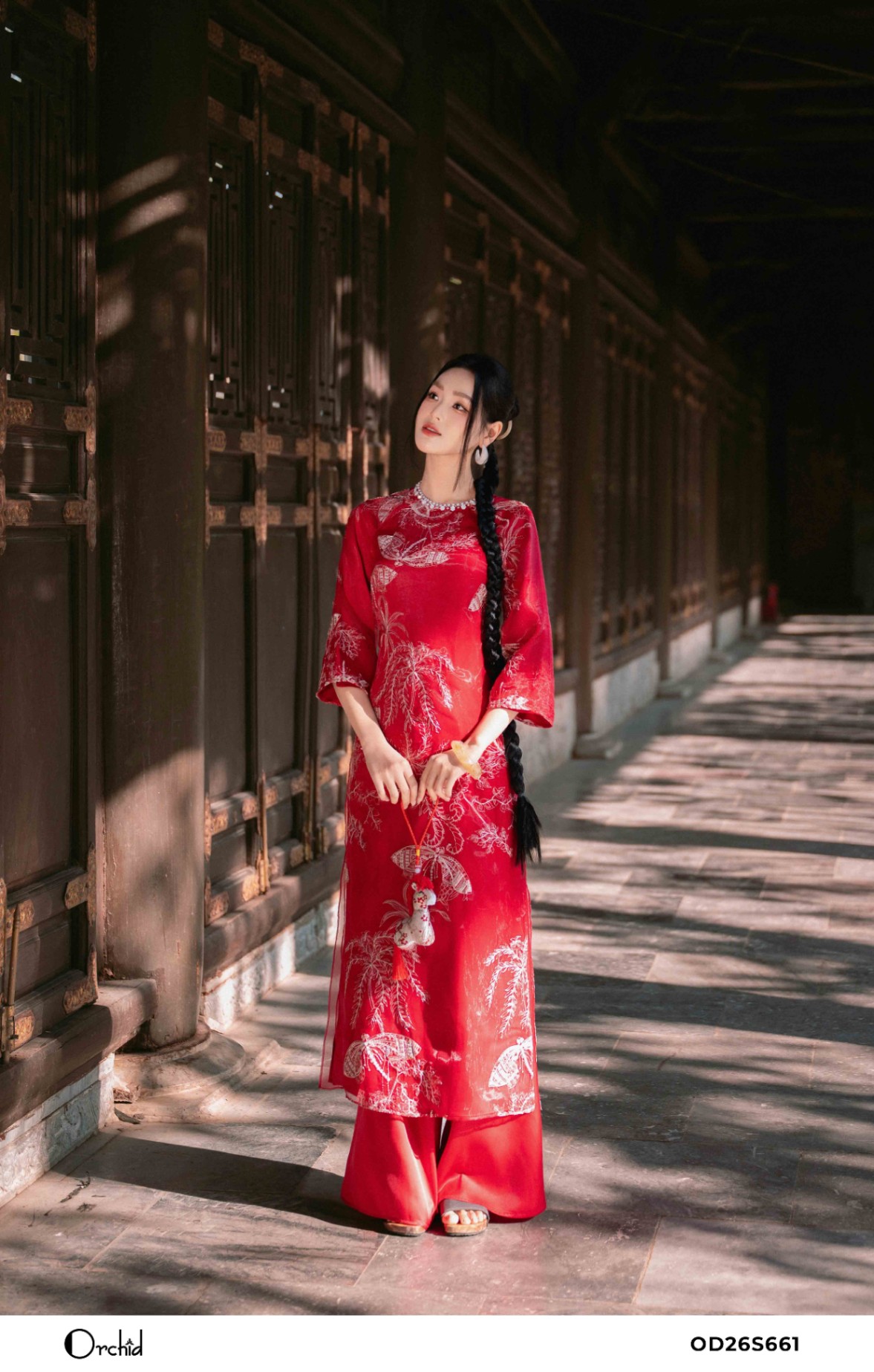 OD26S661 - Sét bộ áo dài tơ thêu họa tiết 3D