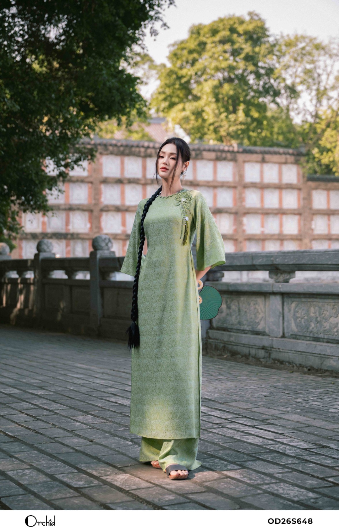 OD26S648 - Sét bộ áo dài lụa gấm hoa