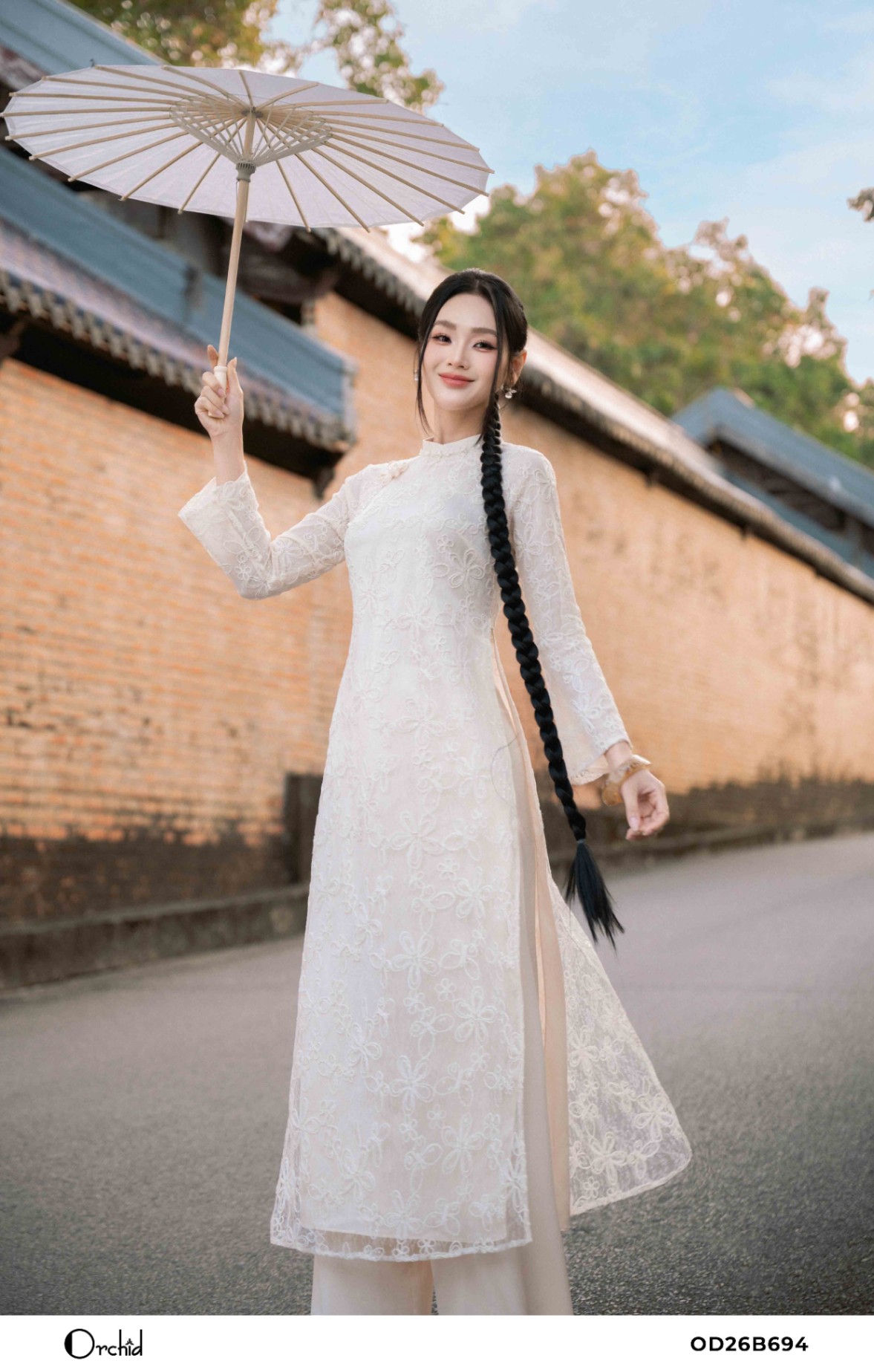 OD26B694 - Sét bộ áo dài lưới ánh thêu hoa 3D