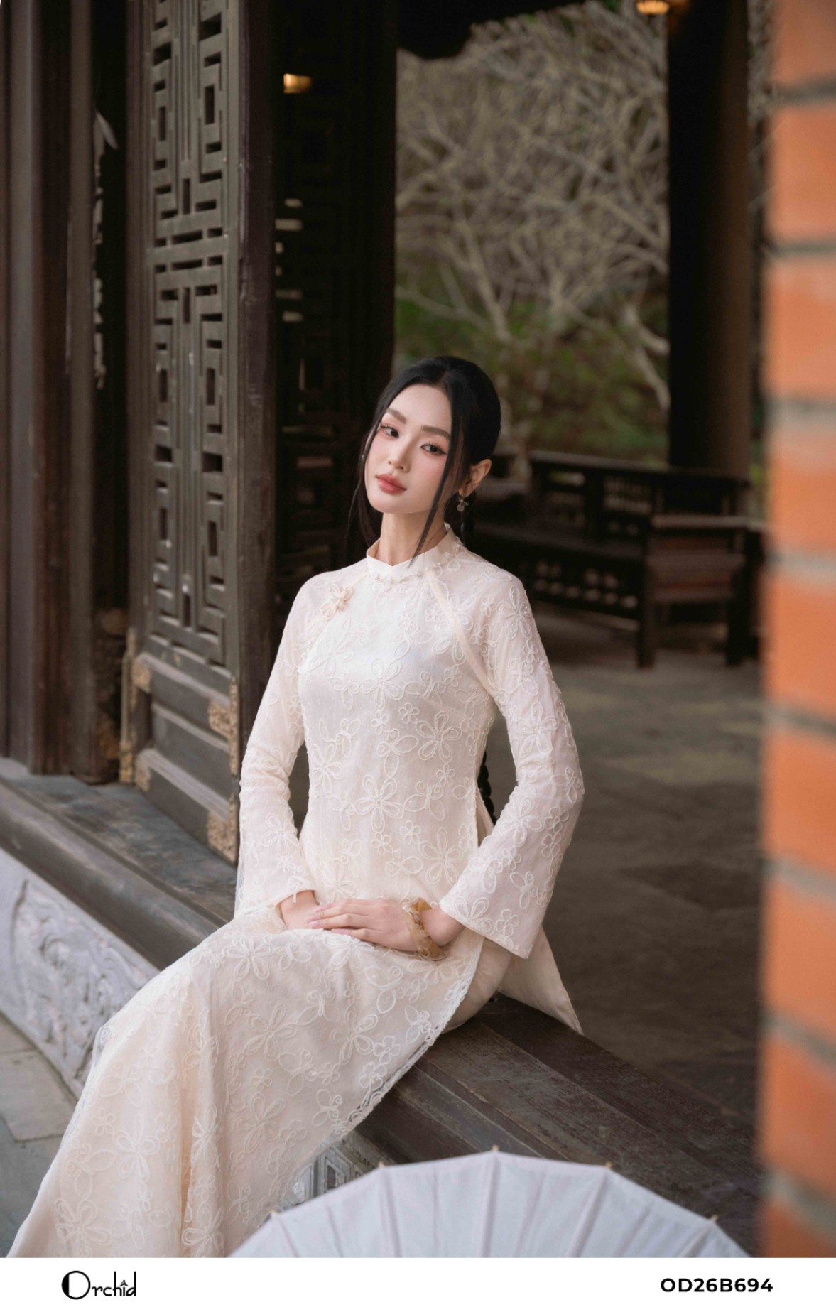 OD26B694 - Sét bộ áo dài lưới ánh thêu hoa 3D