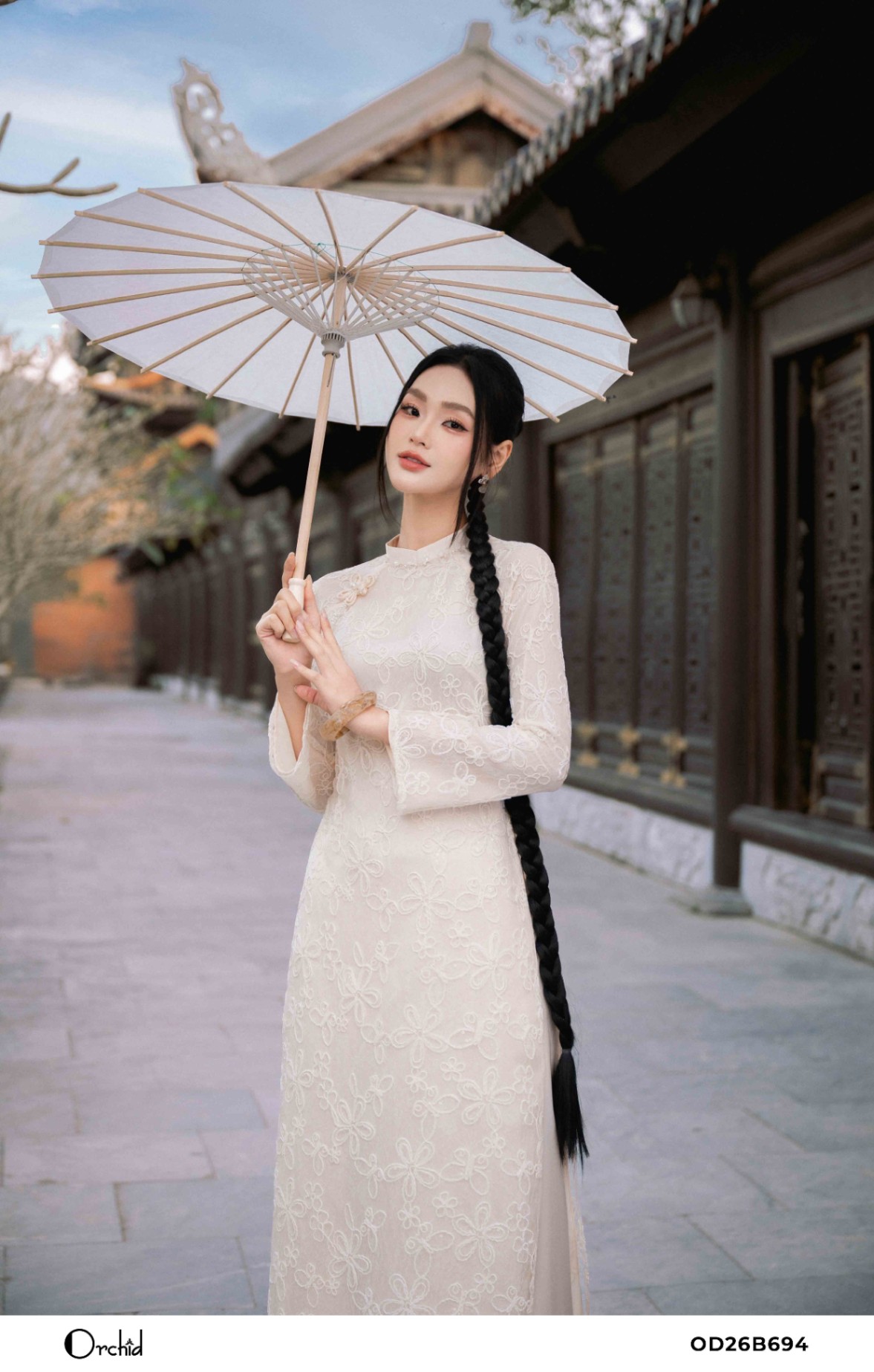 OD26B694 - Sét bộ áo dài lưới ánh thêu hoa 3D