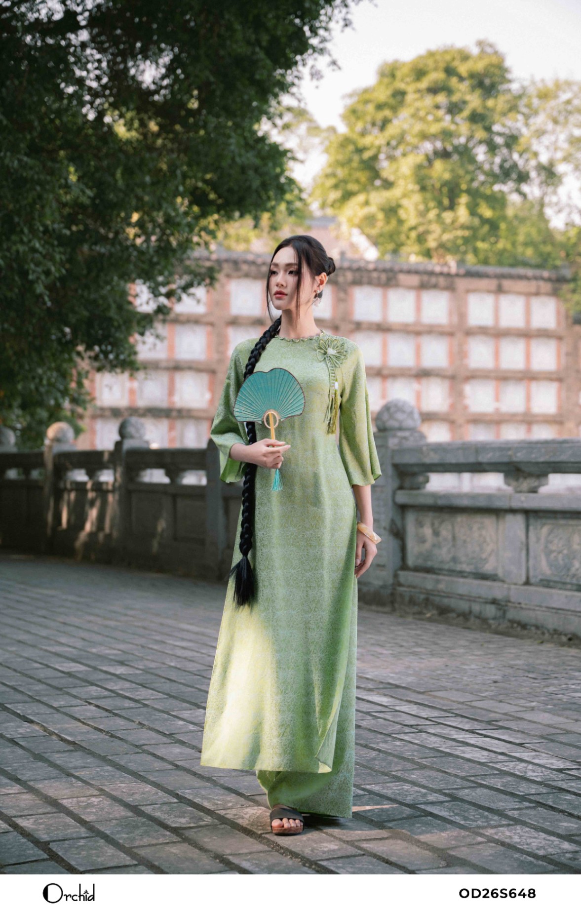 OD26S648 - Sét bộ áo dài lụa gấm hoa
