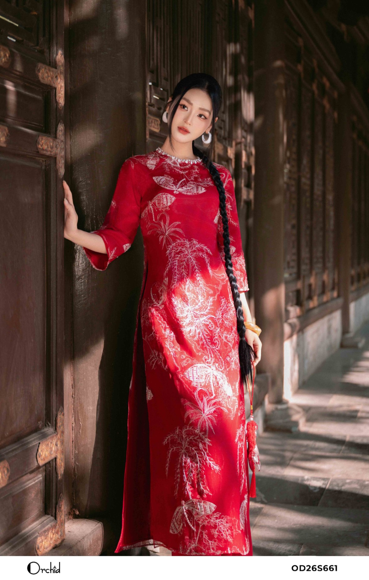 OD26S661 - Sét bộ áo dài tơ thêu họa tiết 3D