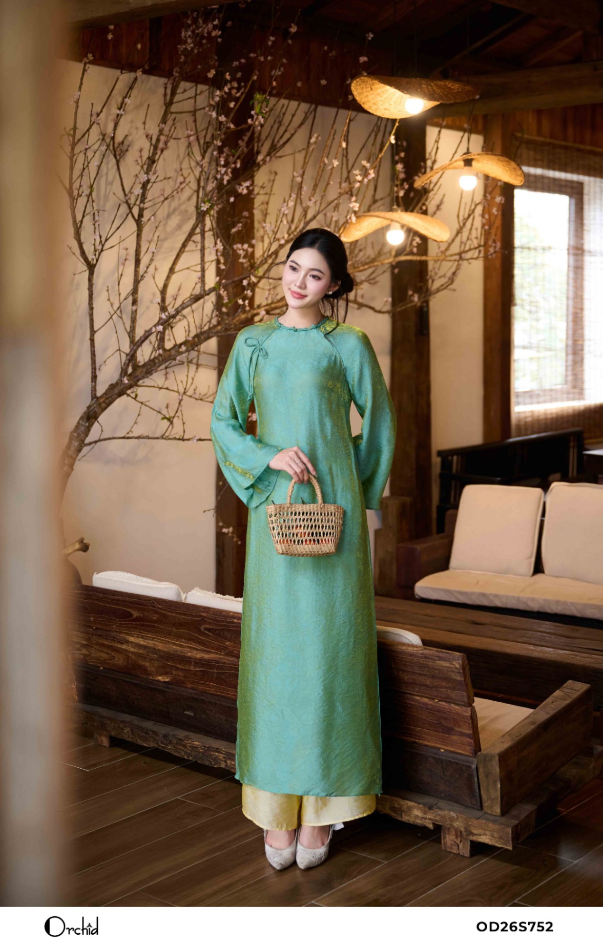 OD26S752 - Sét bộ áo dài tơ lụa ánh kim họa tiết