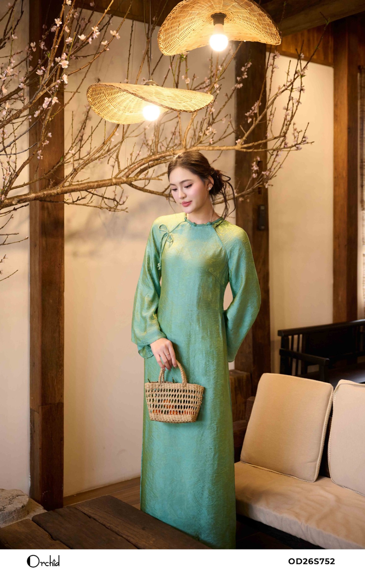 OD26S752 - Sét bộ áo dài tơ lụa ánh kim họa tiết