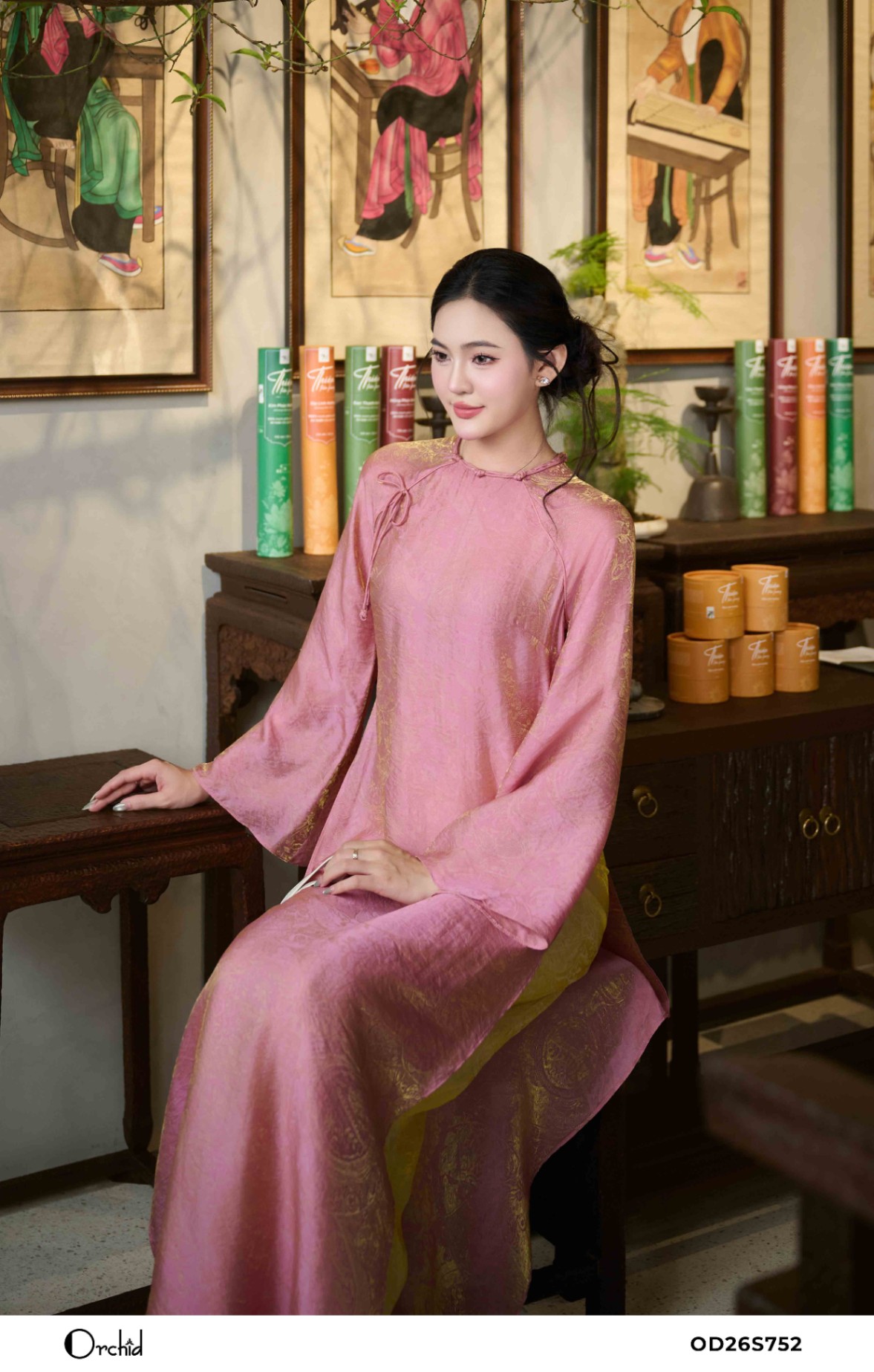 OD26S752 - Sét bộ áo dài tơ lụa ánh kim họa tiết