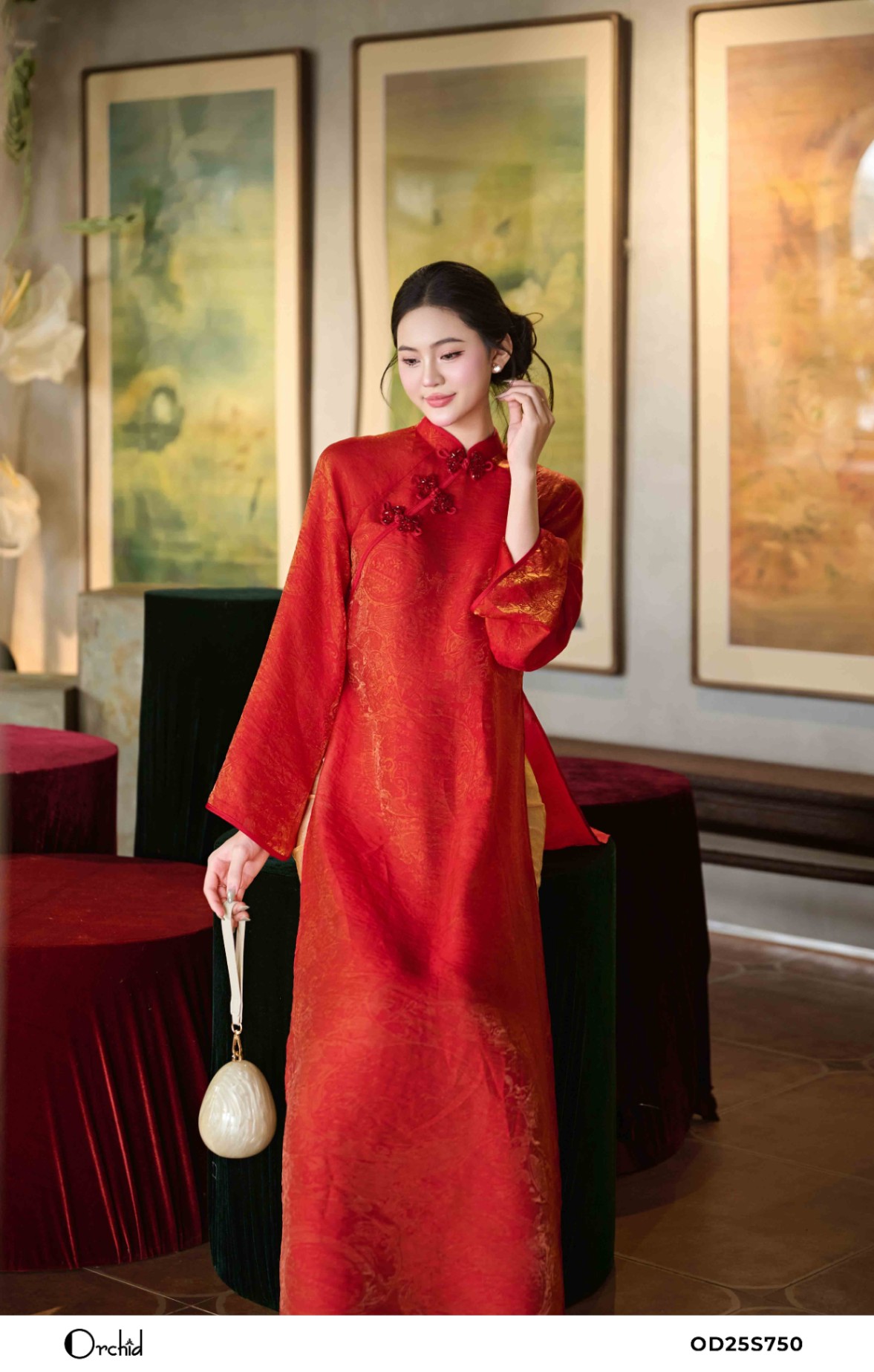 OD25S750 - Sét bộ áo dài tơ lụa ánh kim