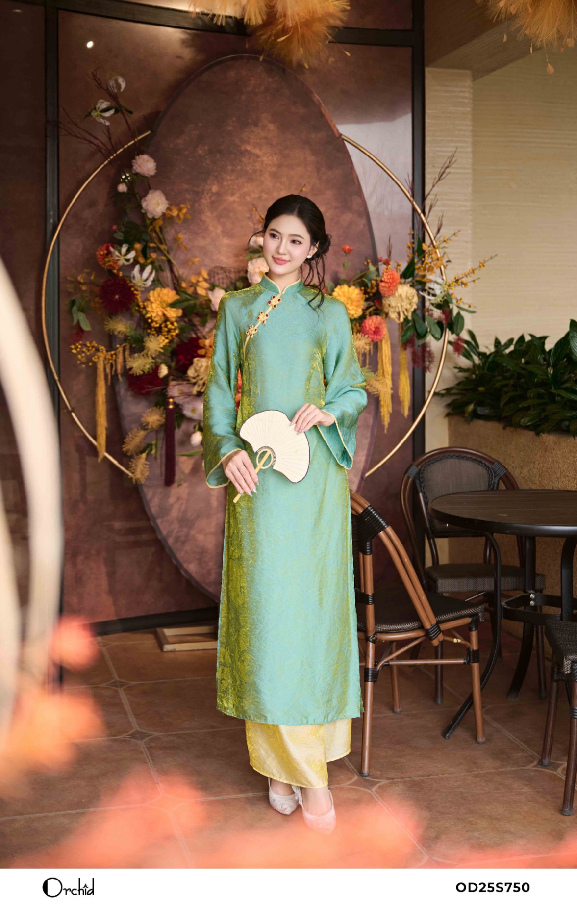 OD25S750 - Sét bộ áo dài tơ lụa ánh kim