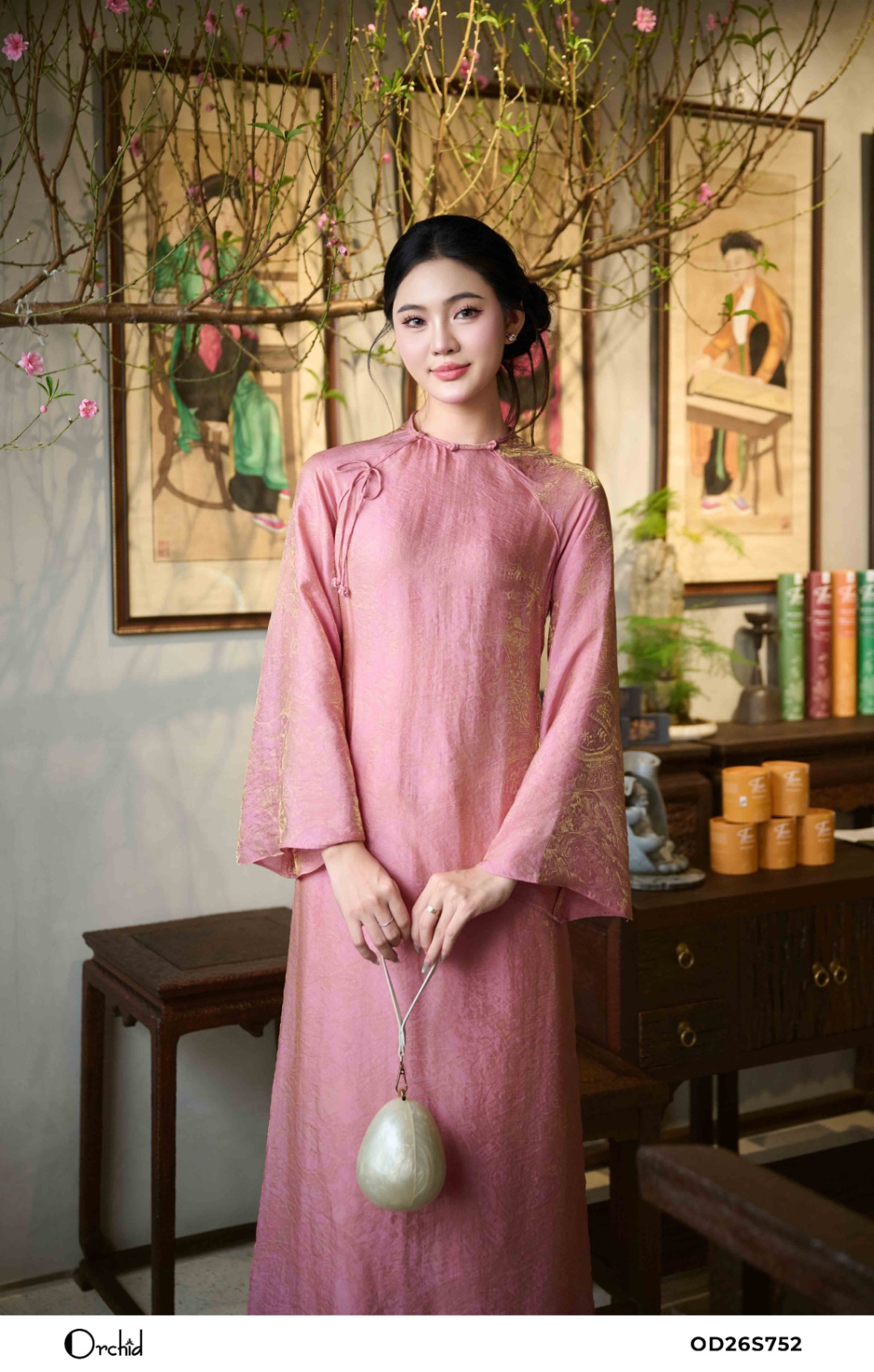 OD26S752 - Sét bộ áo dài tơ lụa ánh kim họa tiết