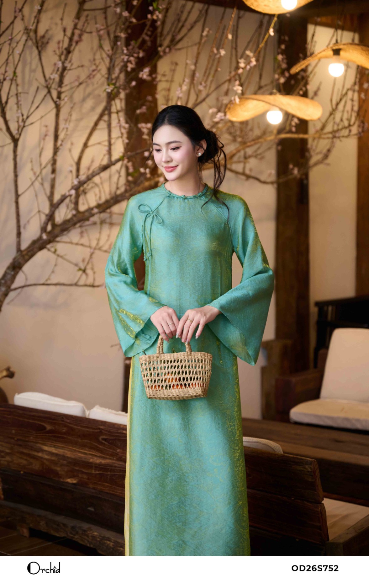 OD26S752 - Sét bộ áo dài tơ lụa ánh kim họa tiết