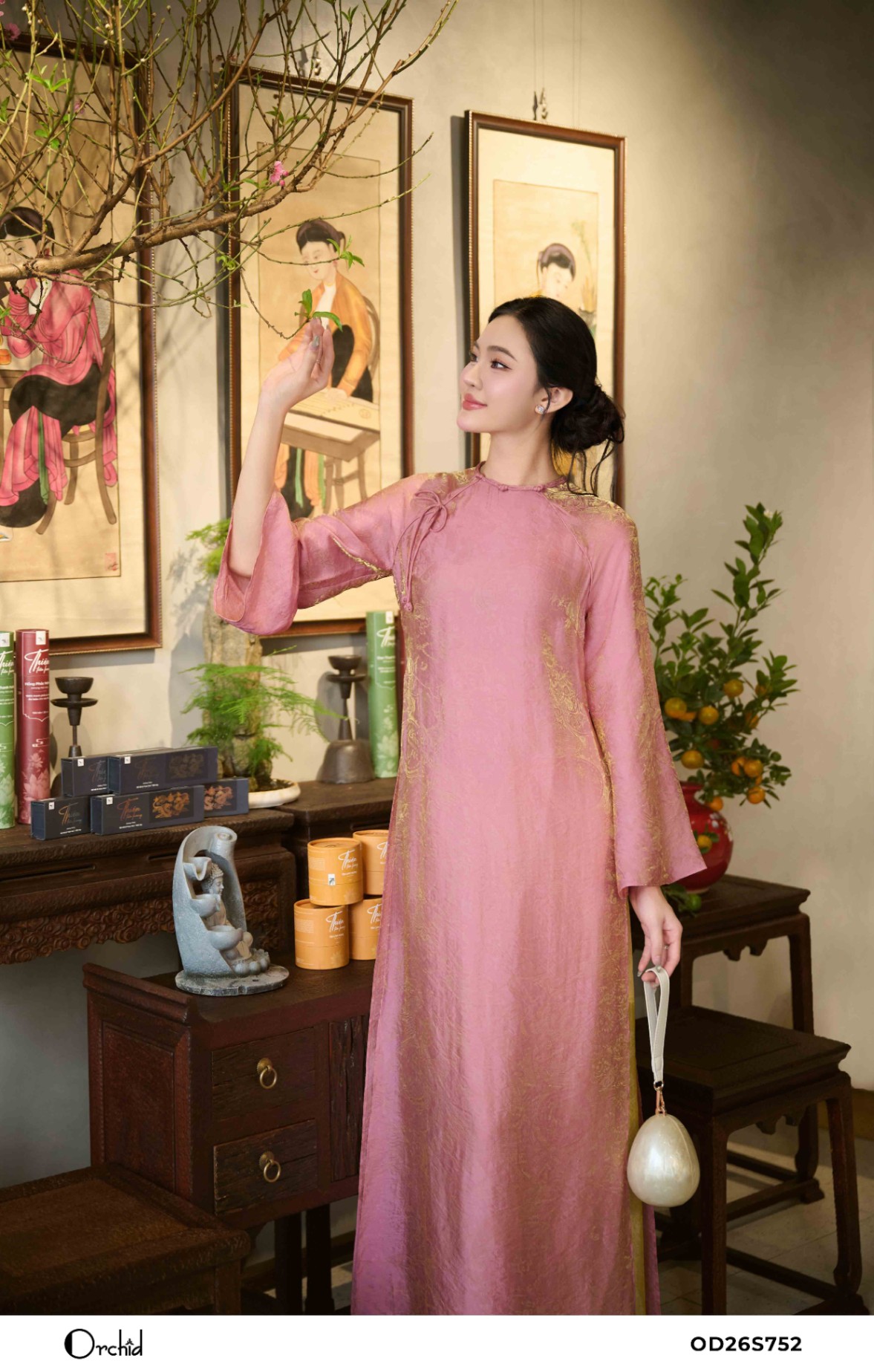 OD26S752 - Sét bộ áo dài tơ lụa ánh kim họa tiết