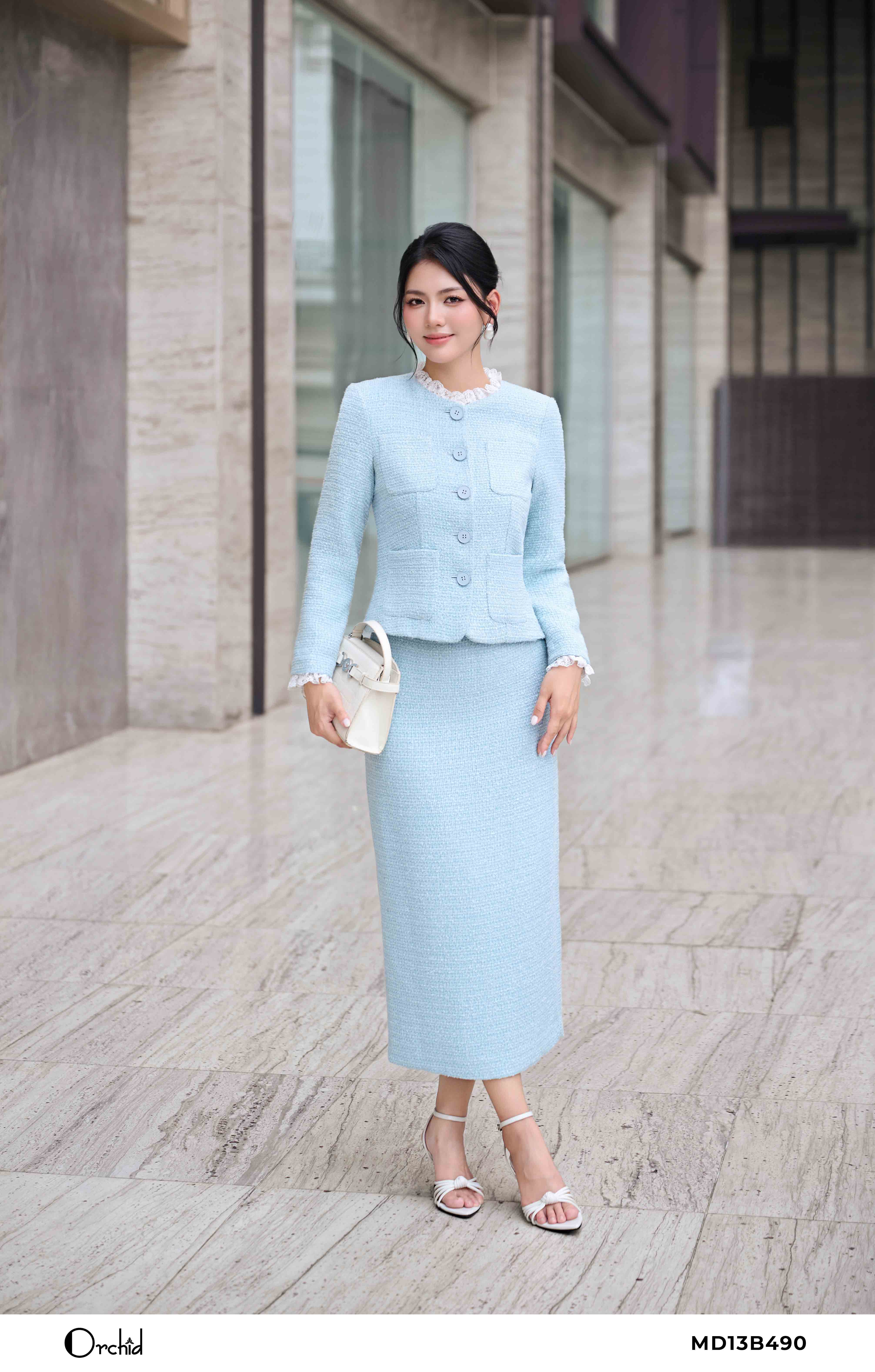 MD13B490 - Bộ dạ tweed kẻ kim tuyến