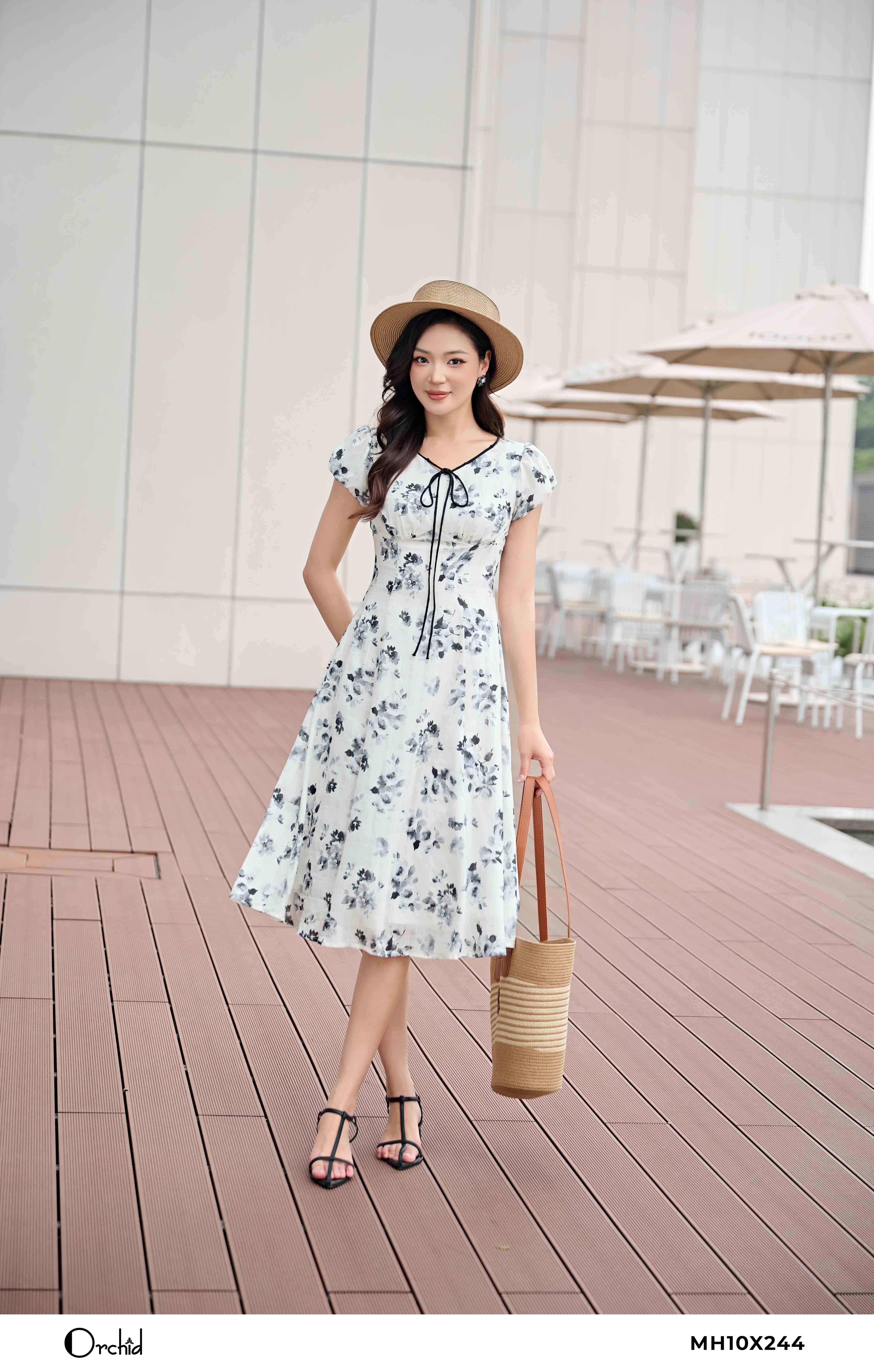 MH10X244 - Đầm vân tơ hoa hồng đen