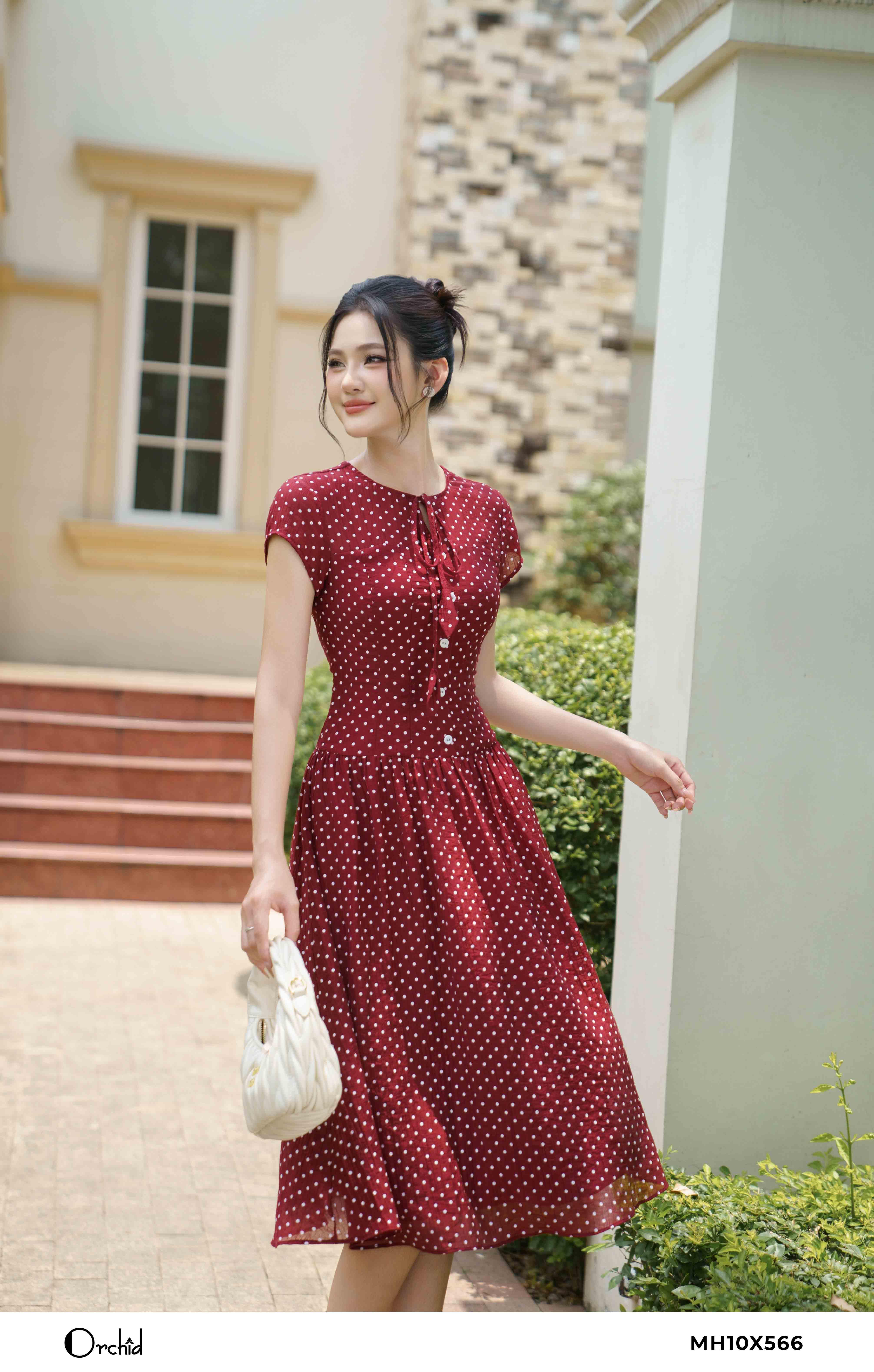 MH10X566 - Đầm vân tơ kẻ chấm bi