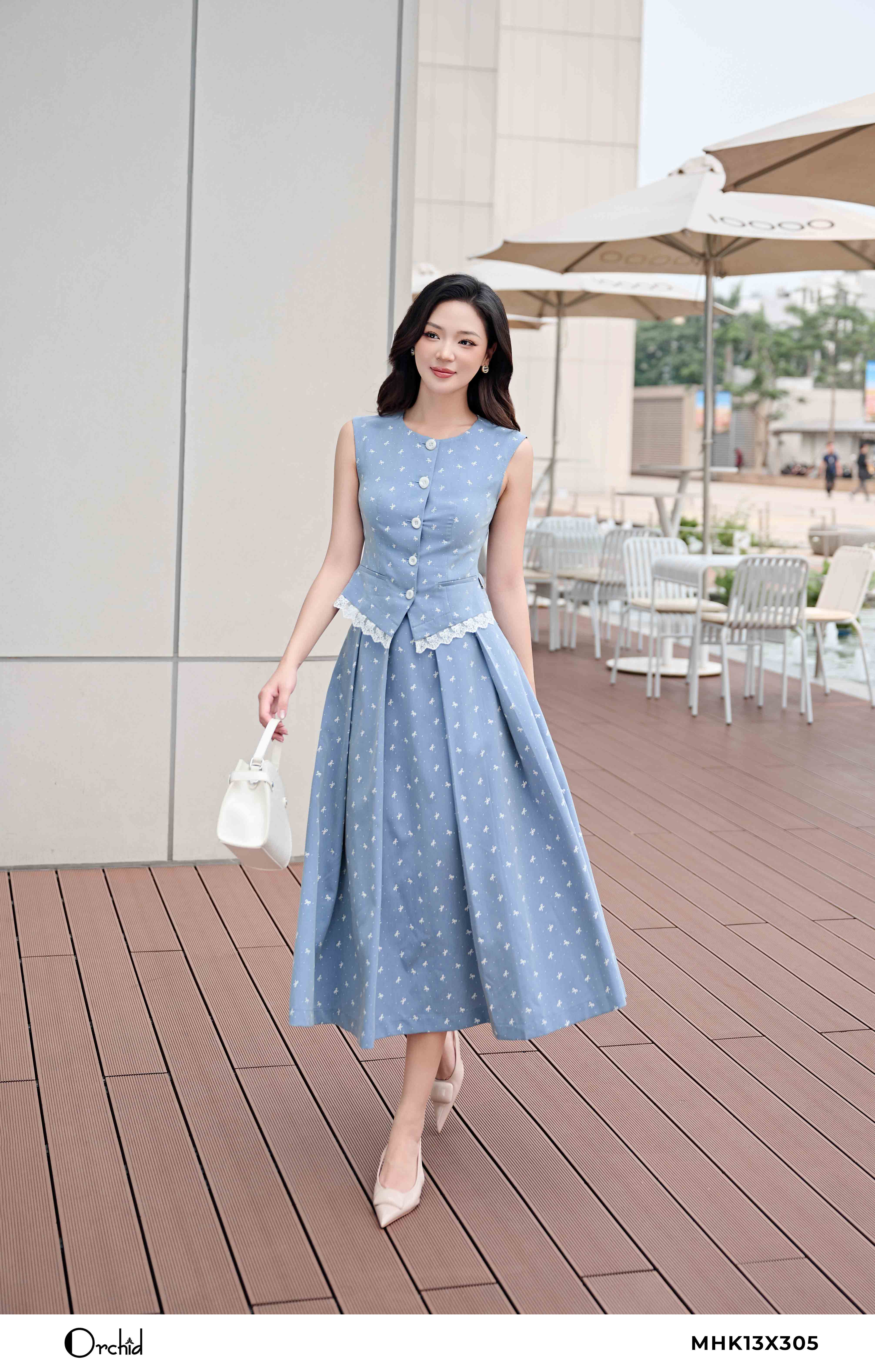 MHK13X305 - Bộ thô denim họa tiết nơ nhí chấm bi