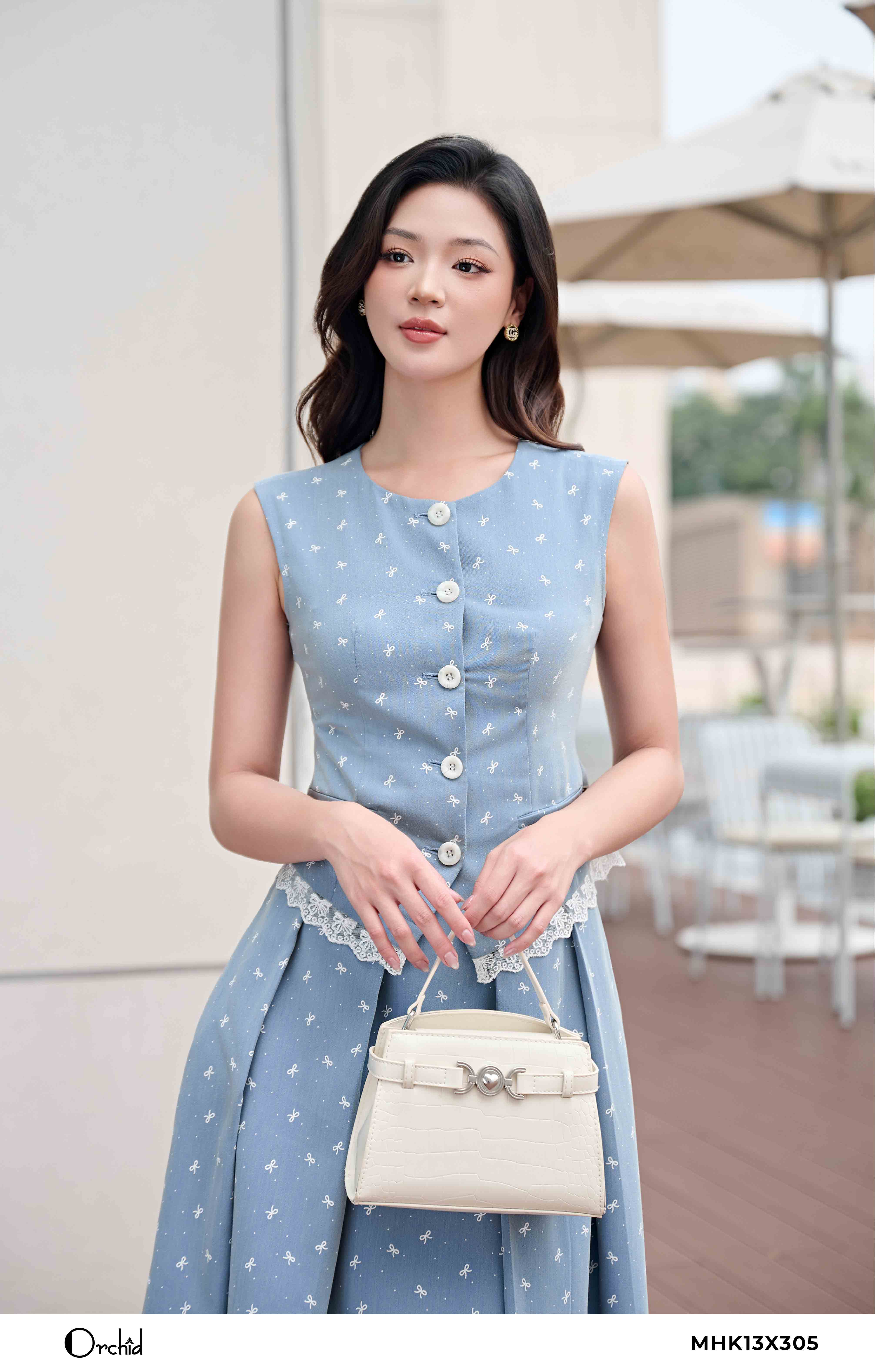 MHK13X305 - Bộ thô denim họa tiết nơ nhí chấm bi