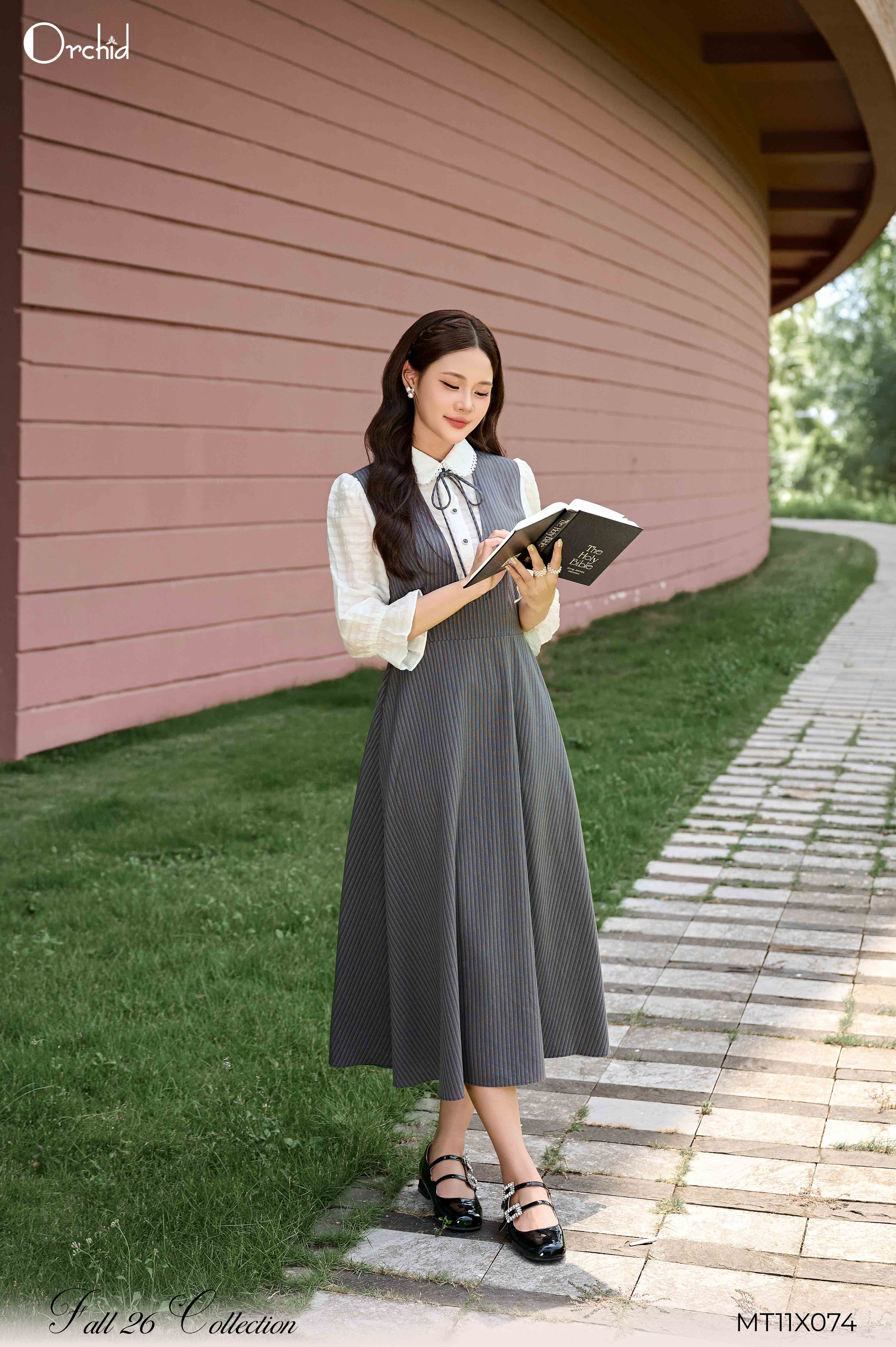 MT11X074 - Đầm twill silk kẻ sọc