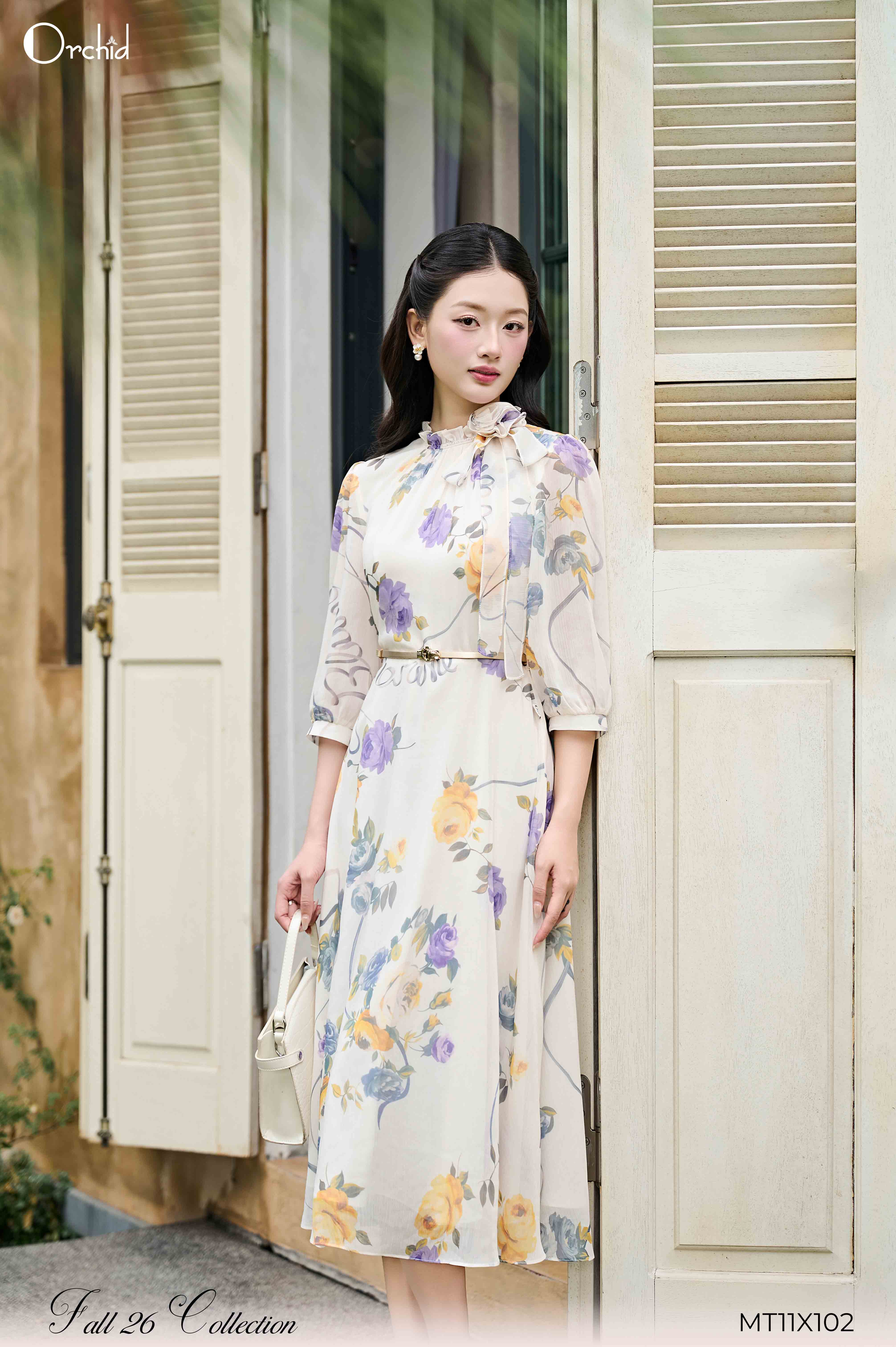MT11X102 - Đầm tơ hoa hồng tím, vàng