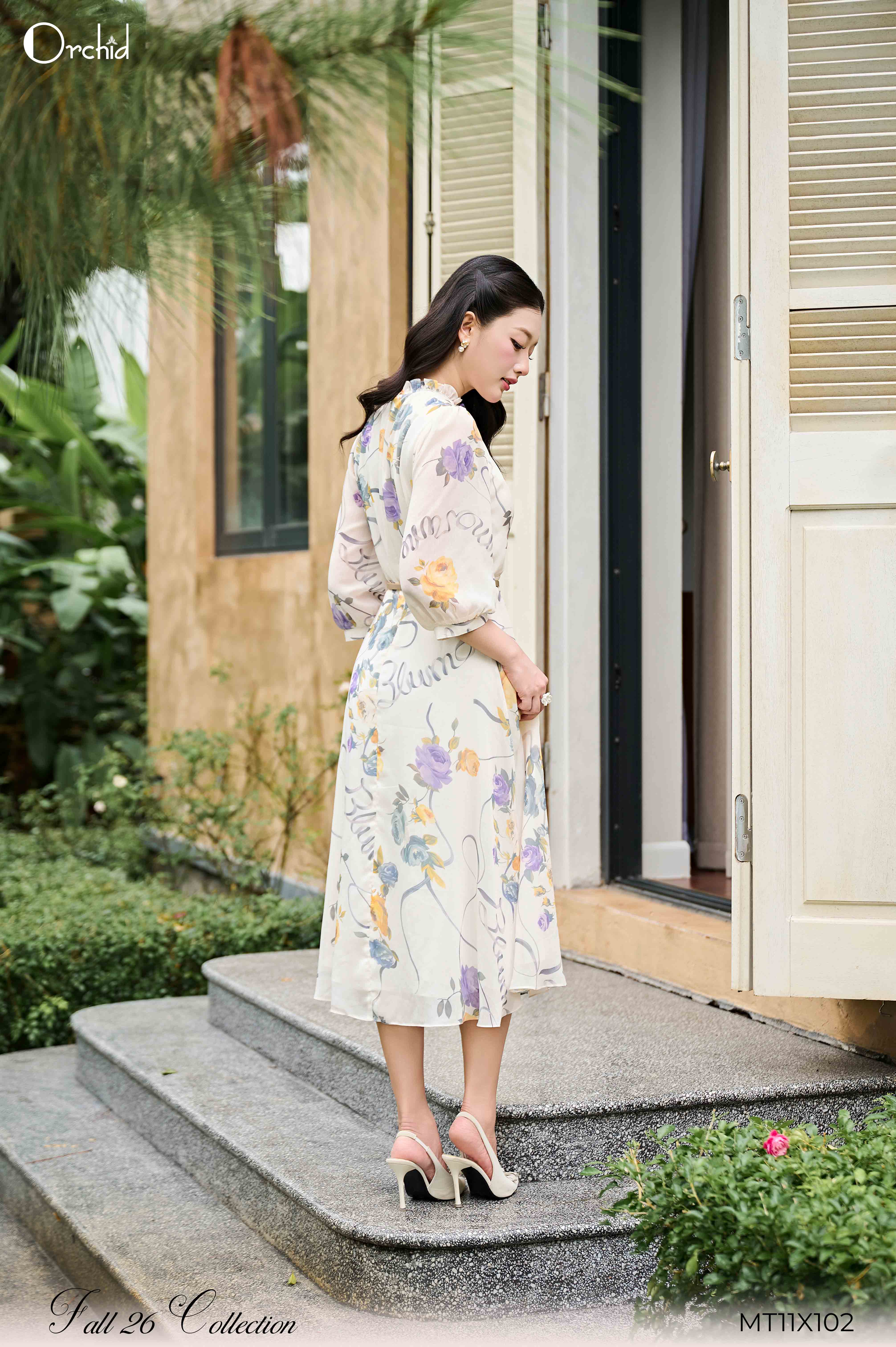MT11X102 - Đầm tơ hoa hồng tím, vàng