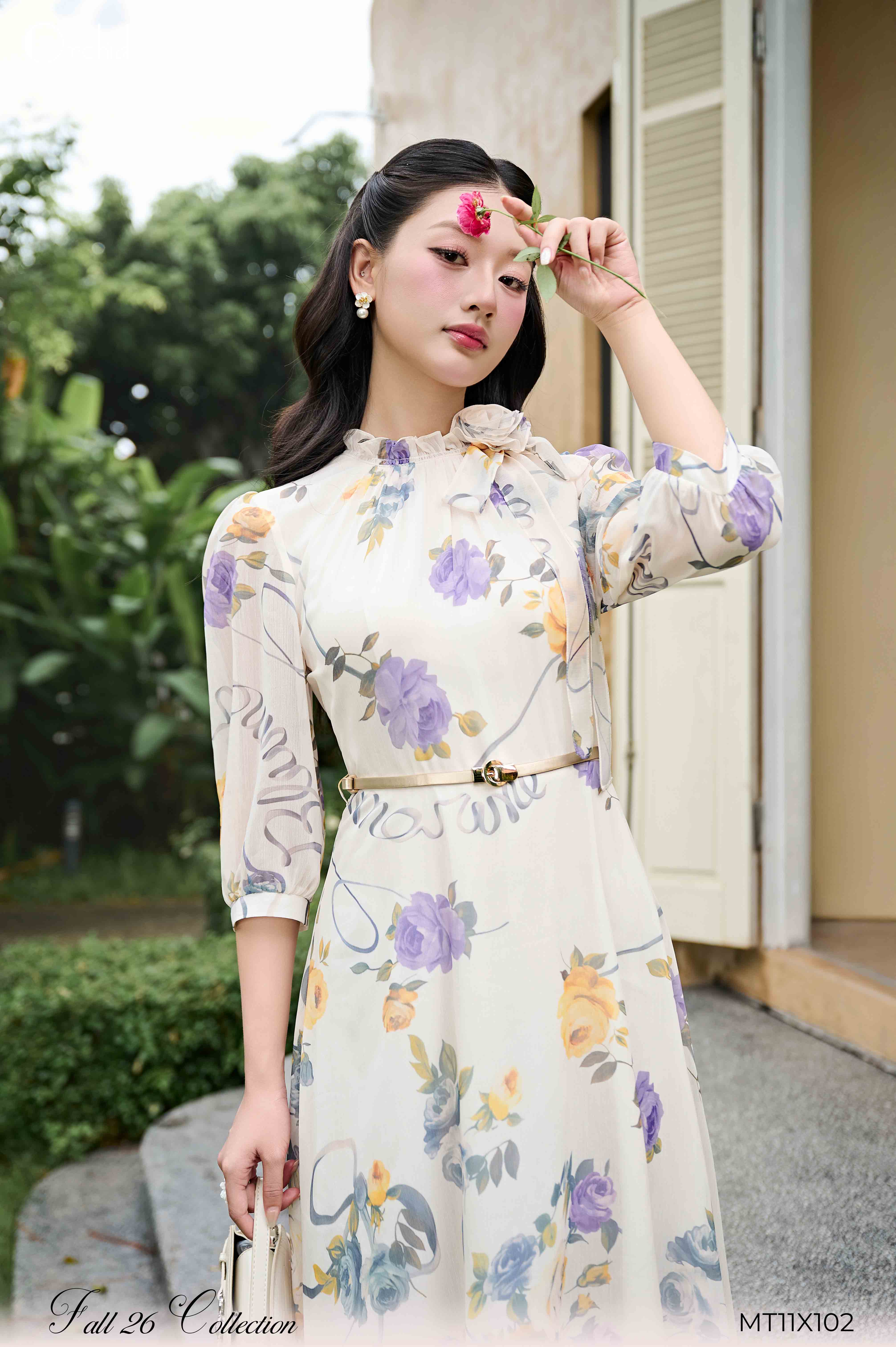 MT11X102 - Đầm tơ hoa hồng tím, vàng
