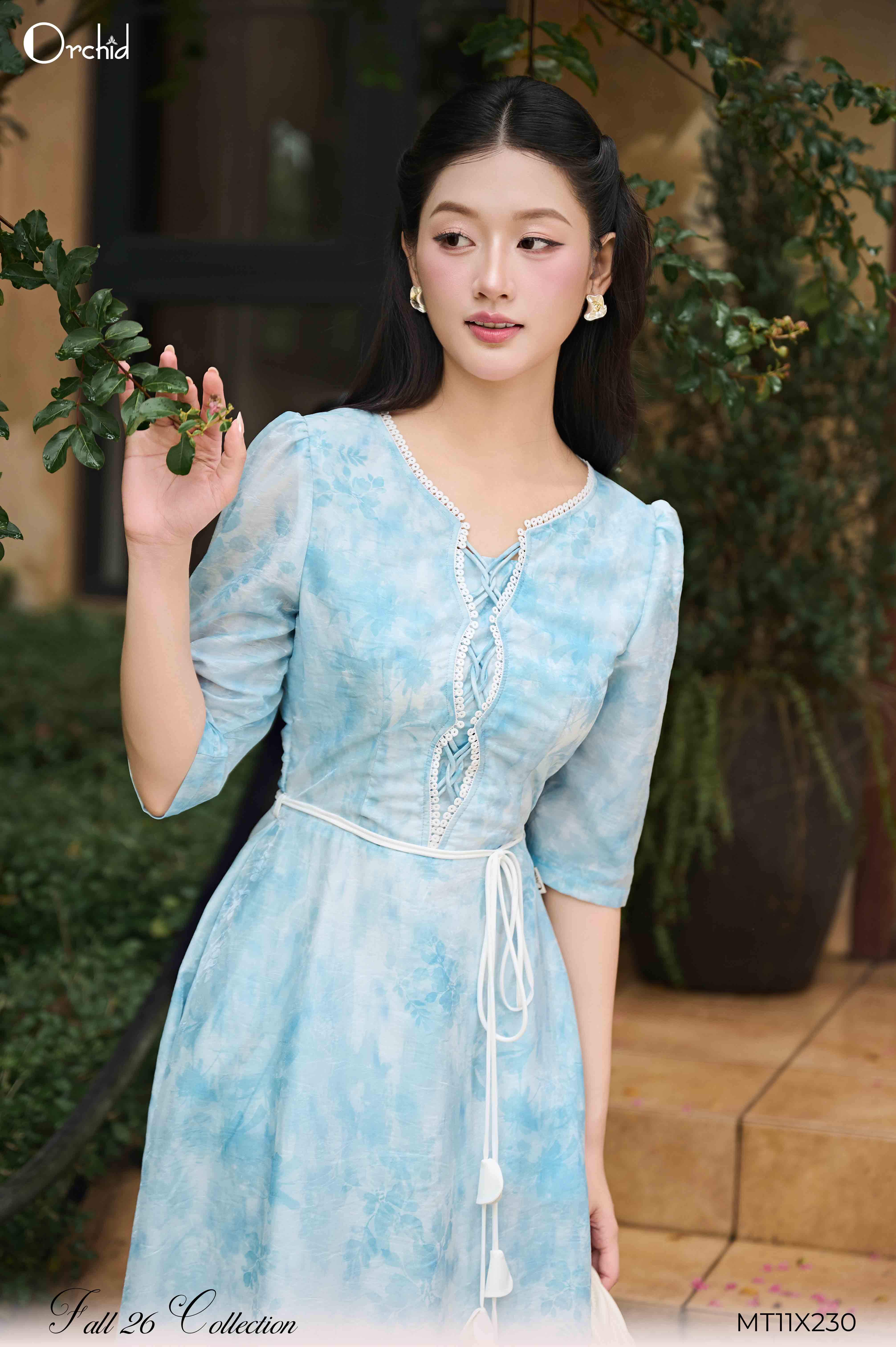MT11X230 - Đầm tơ ánh họa tiết