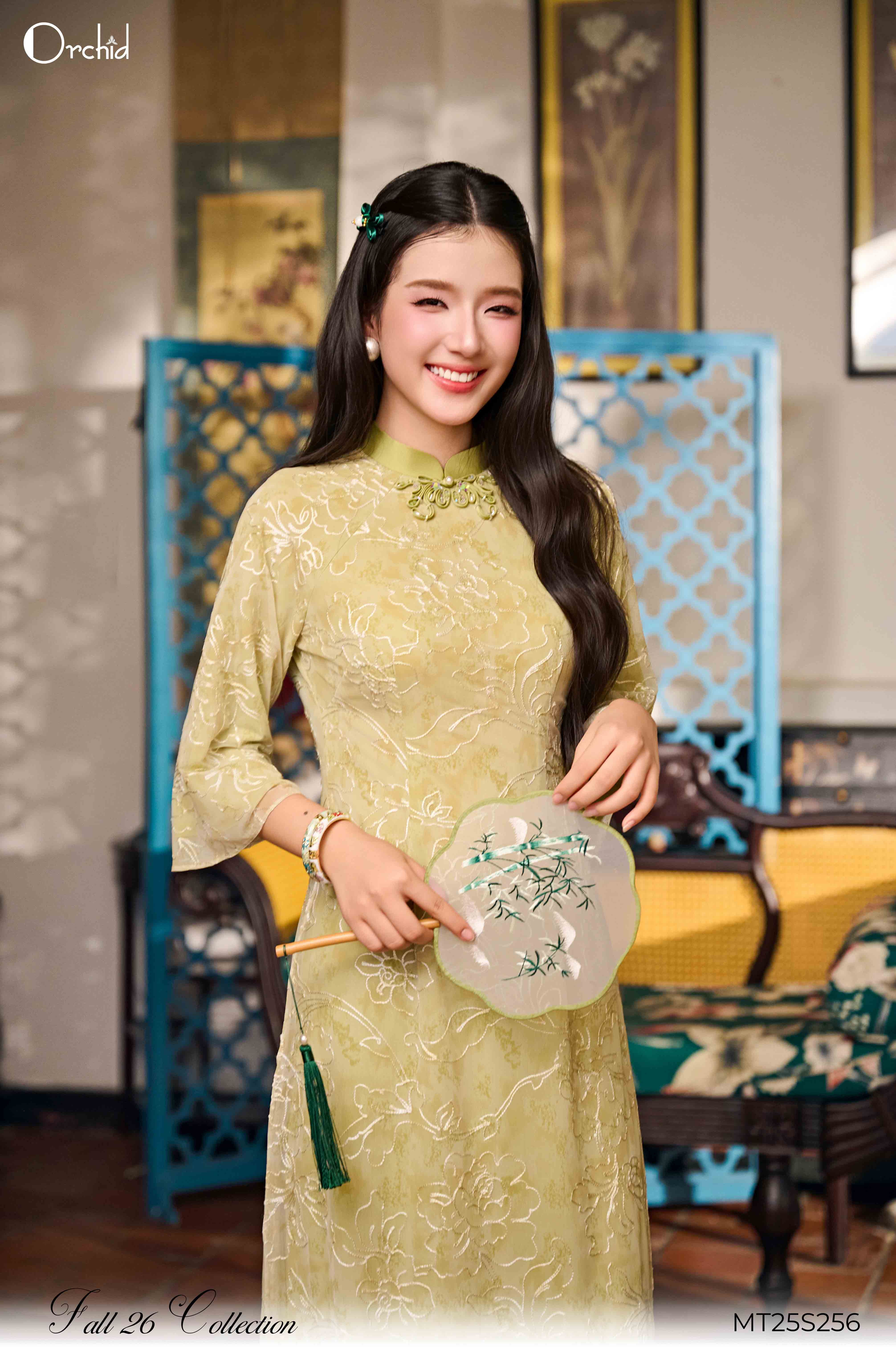 MT25S256 - Bộ áo dài lưới họa tiết thêu hoa nổi