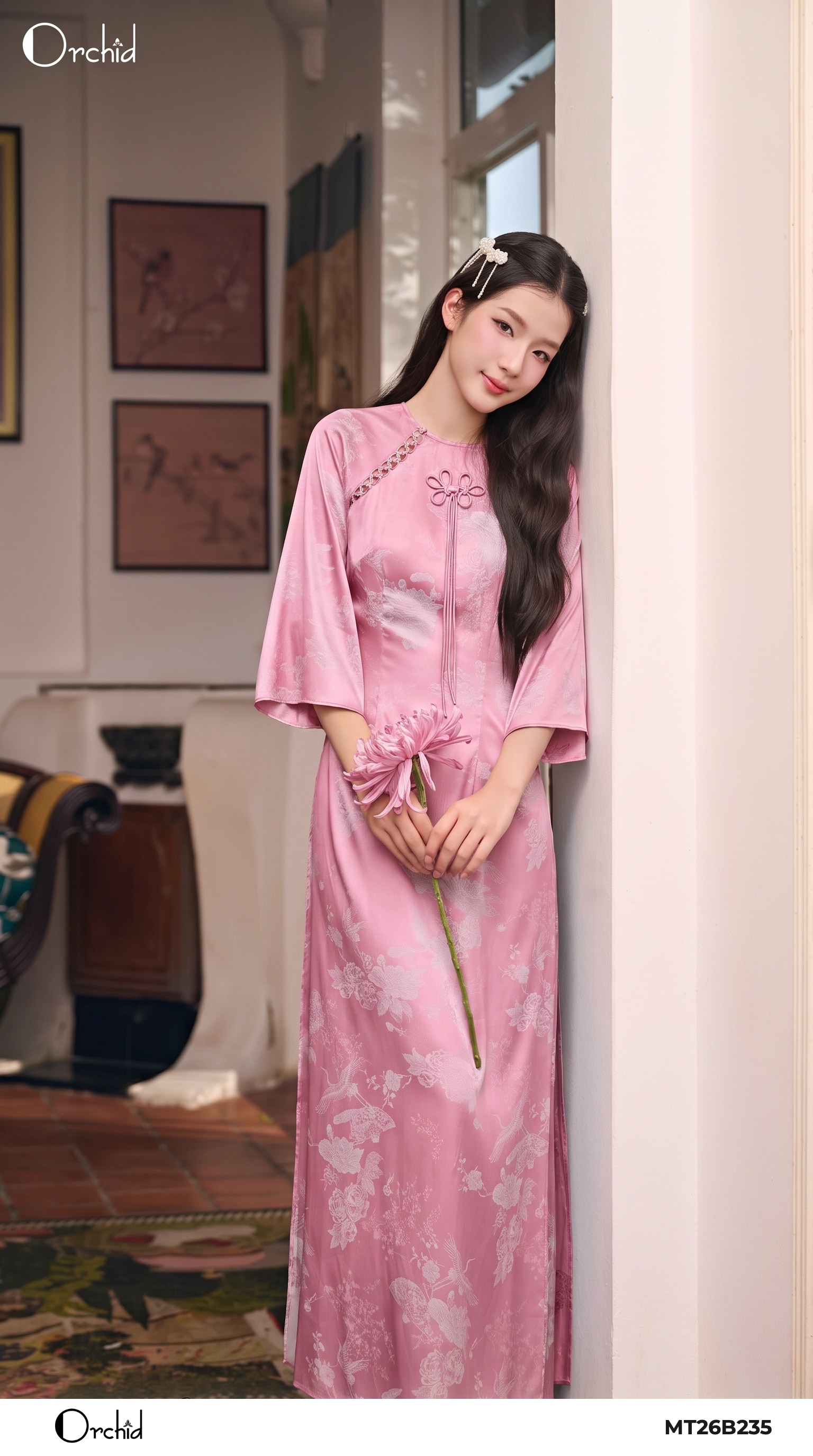 MT26B235 - Áo lụa họa tiết hoa chim hạc