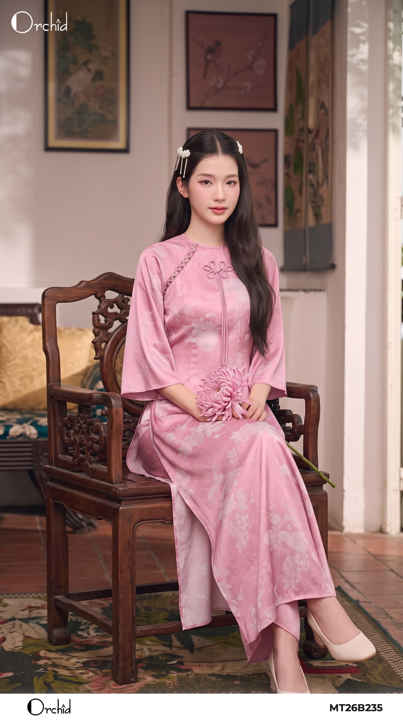 MT26B235 - Áo lụa họa tiết hoa chim hạc