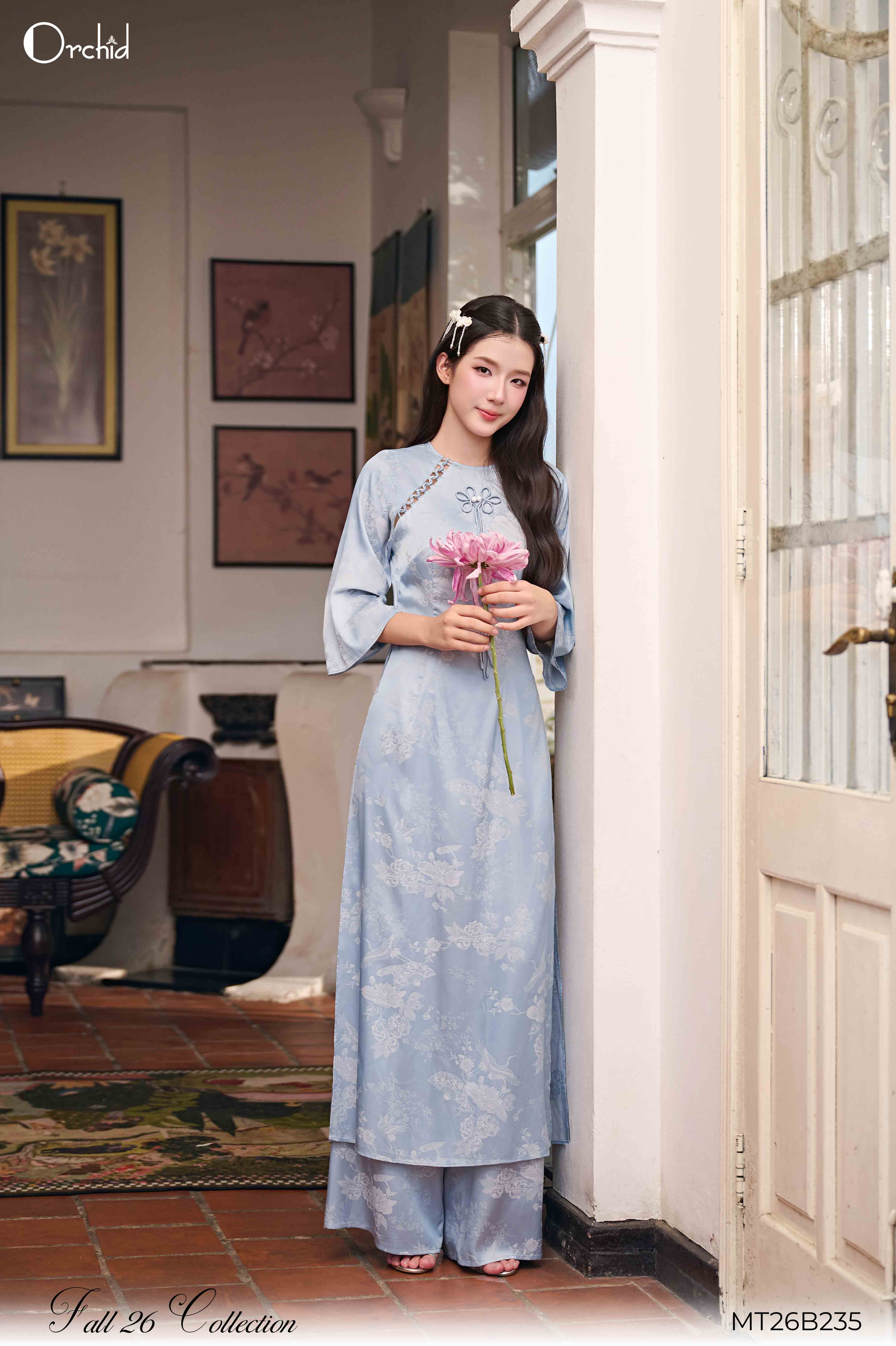MT26B235 - Áo lụa họa tiết hoa chim hạc