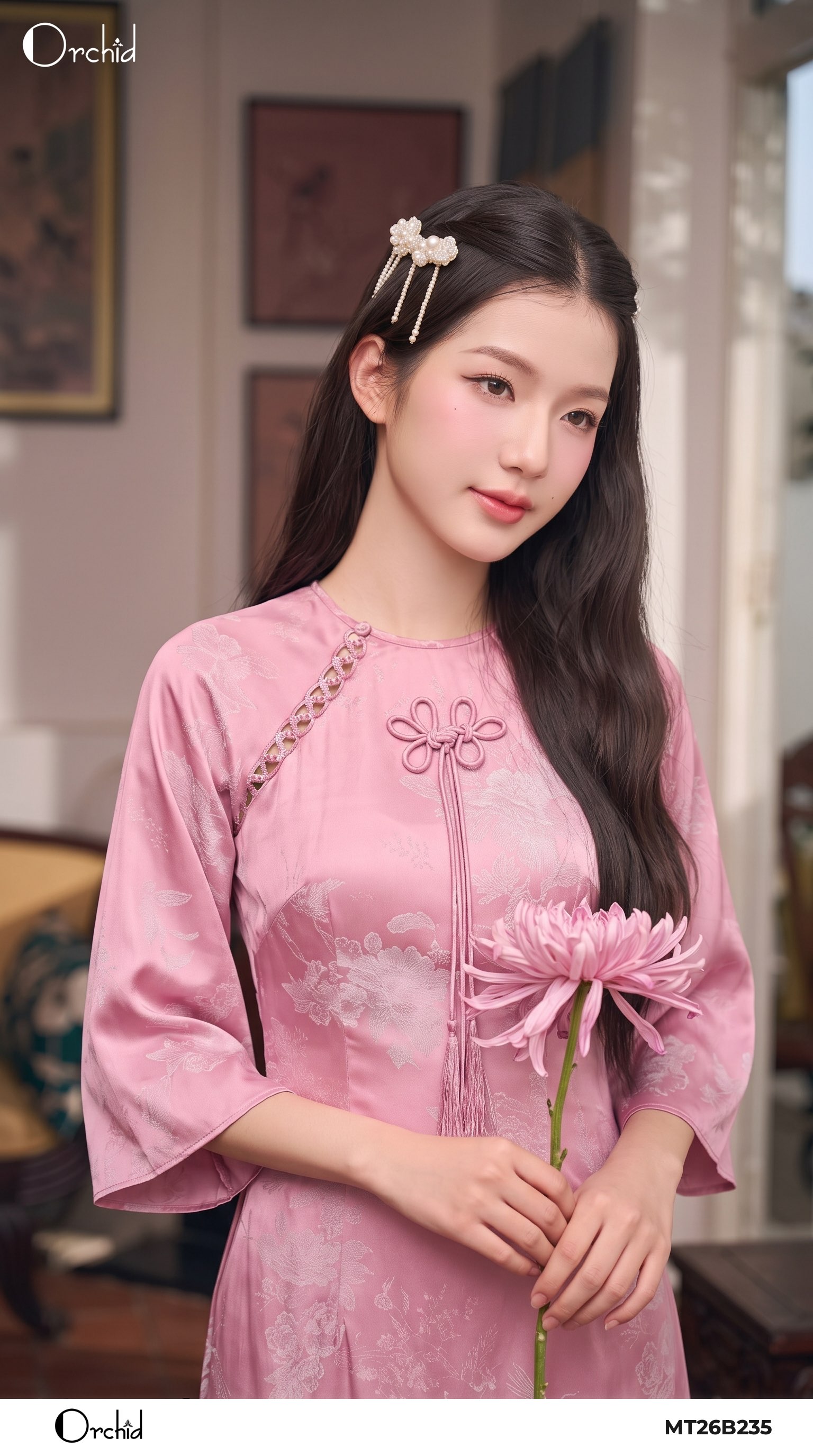 MT26B235 - Áo lụa họa tiết hoa chim hạc