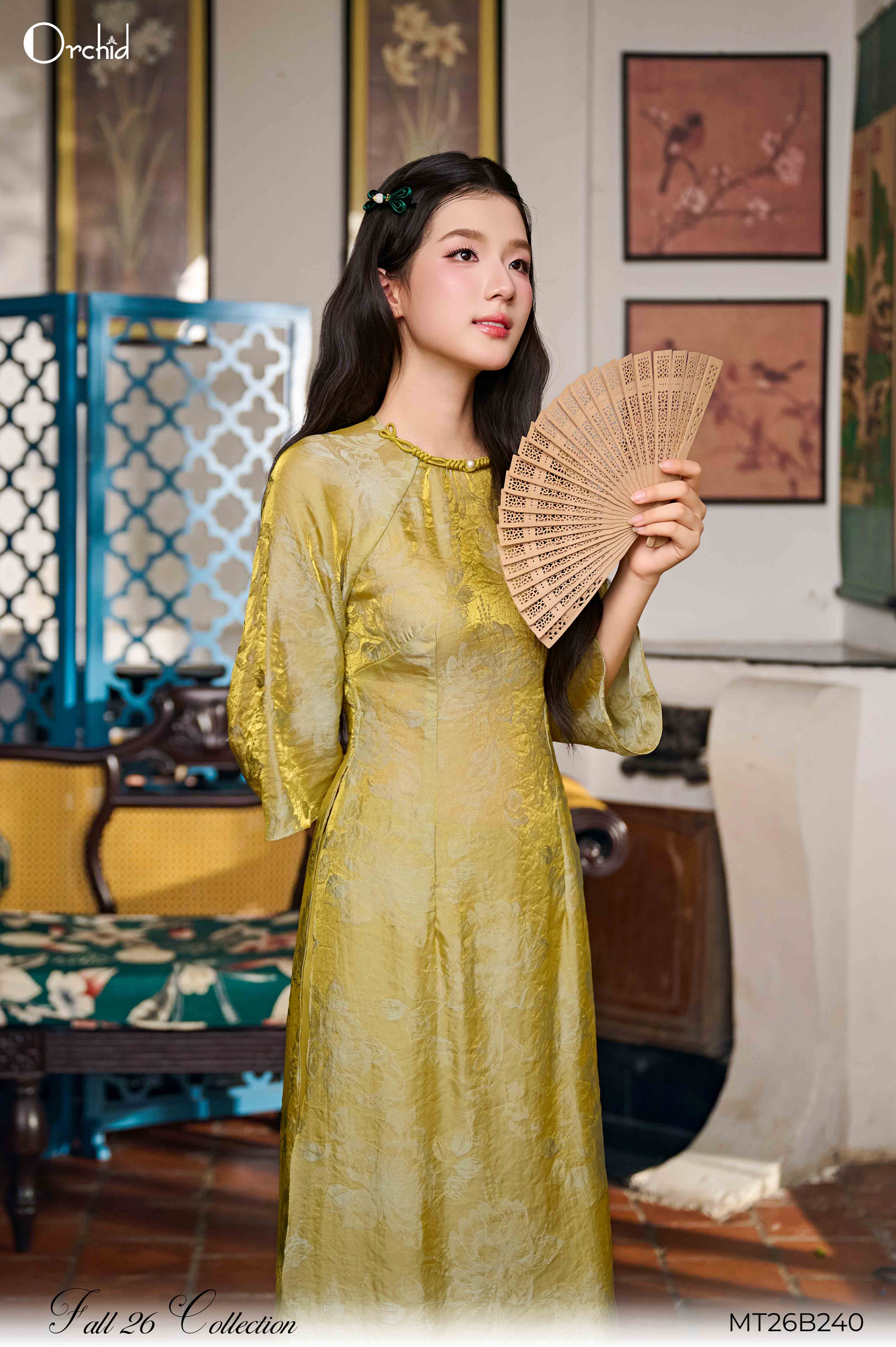 MT26B240 - Bộ áo dài tơ ánh họa tiết hoa nổi