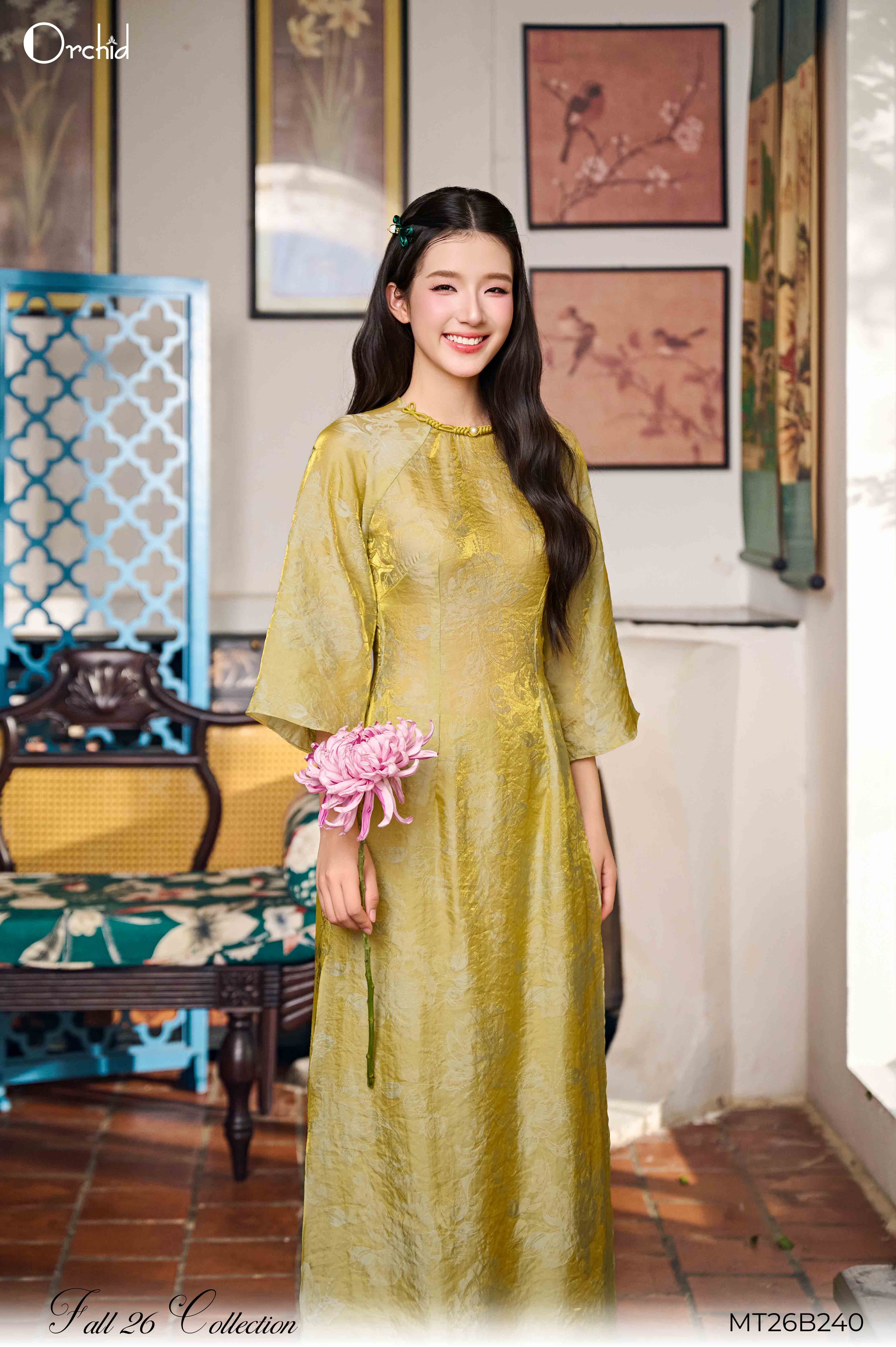 MT26B240 - Bộ áo dài tơ ánh họa tiết hoa nổi