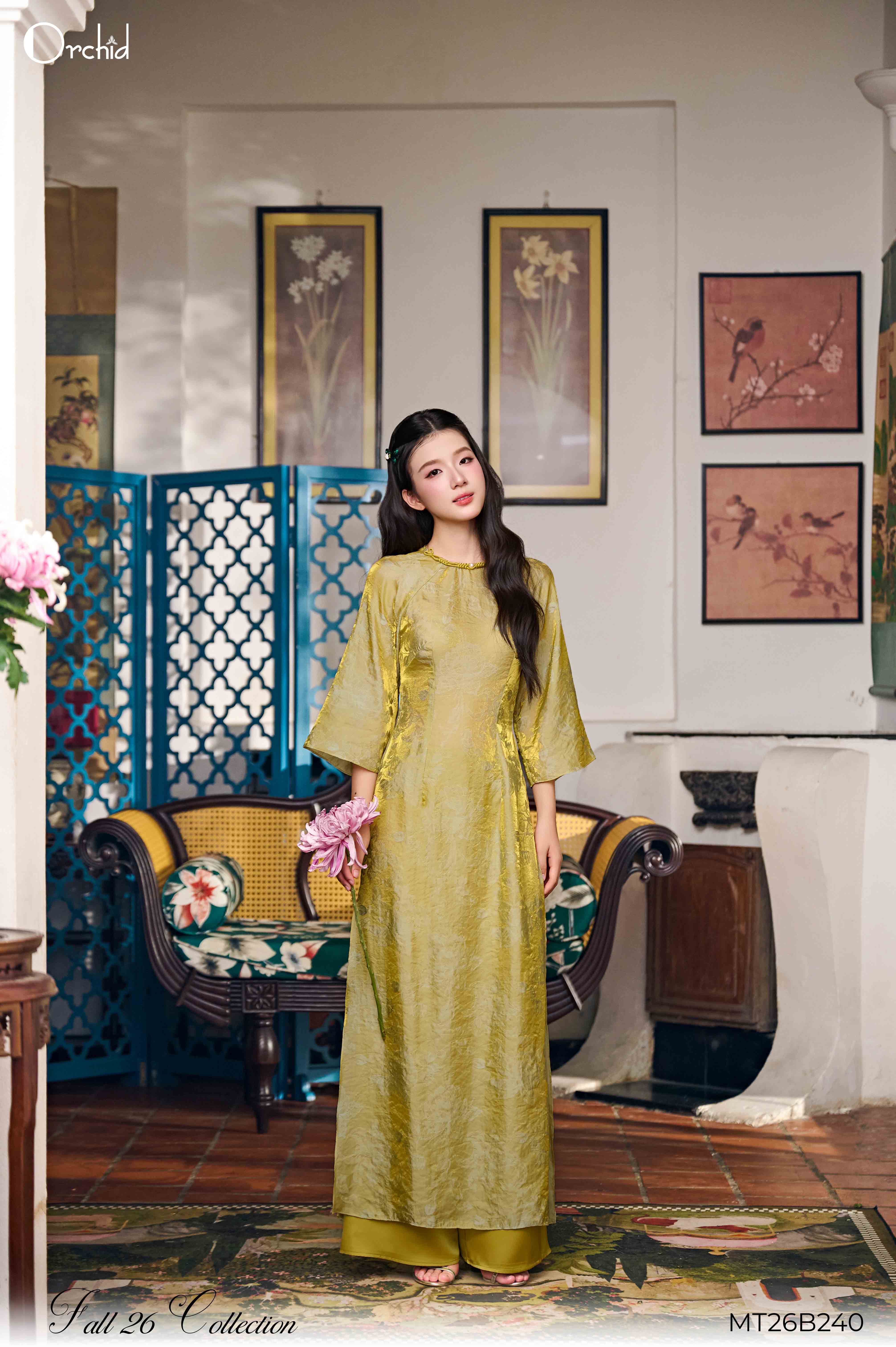 MT26B240 - Bộ áo dài tơ ánh họa tiết hoa nổi