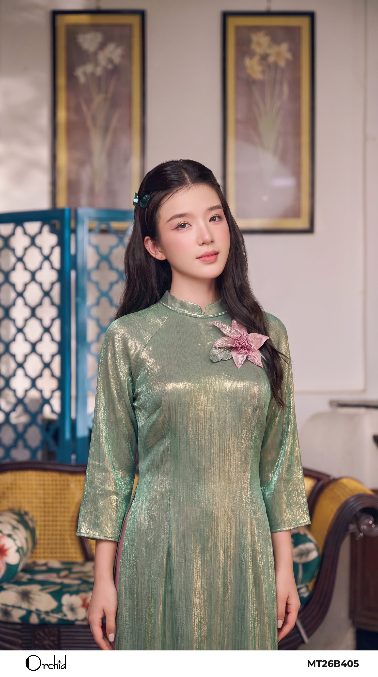 MT26B405 - Bộ áo dài lụa ánh kim