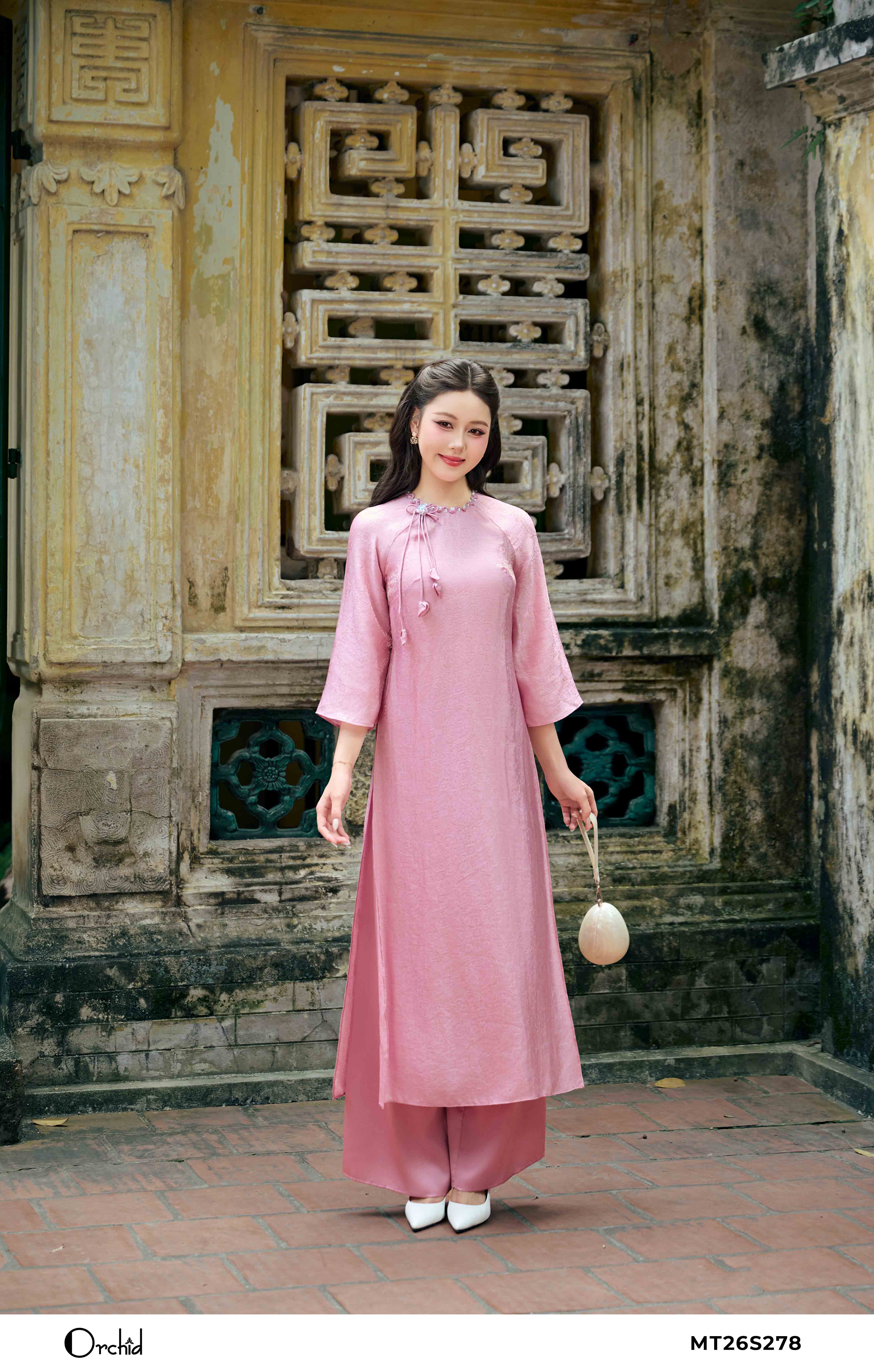 MT26S278 - Áo dài tơ ánh họa tiết