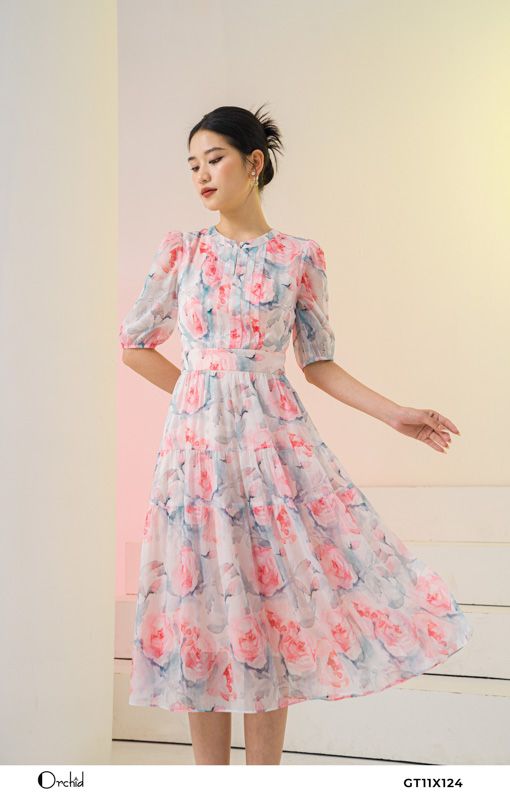 Váy xòe họa tiết hoa Mẫu đơn rút xoắn ngực - Dương Fashion