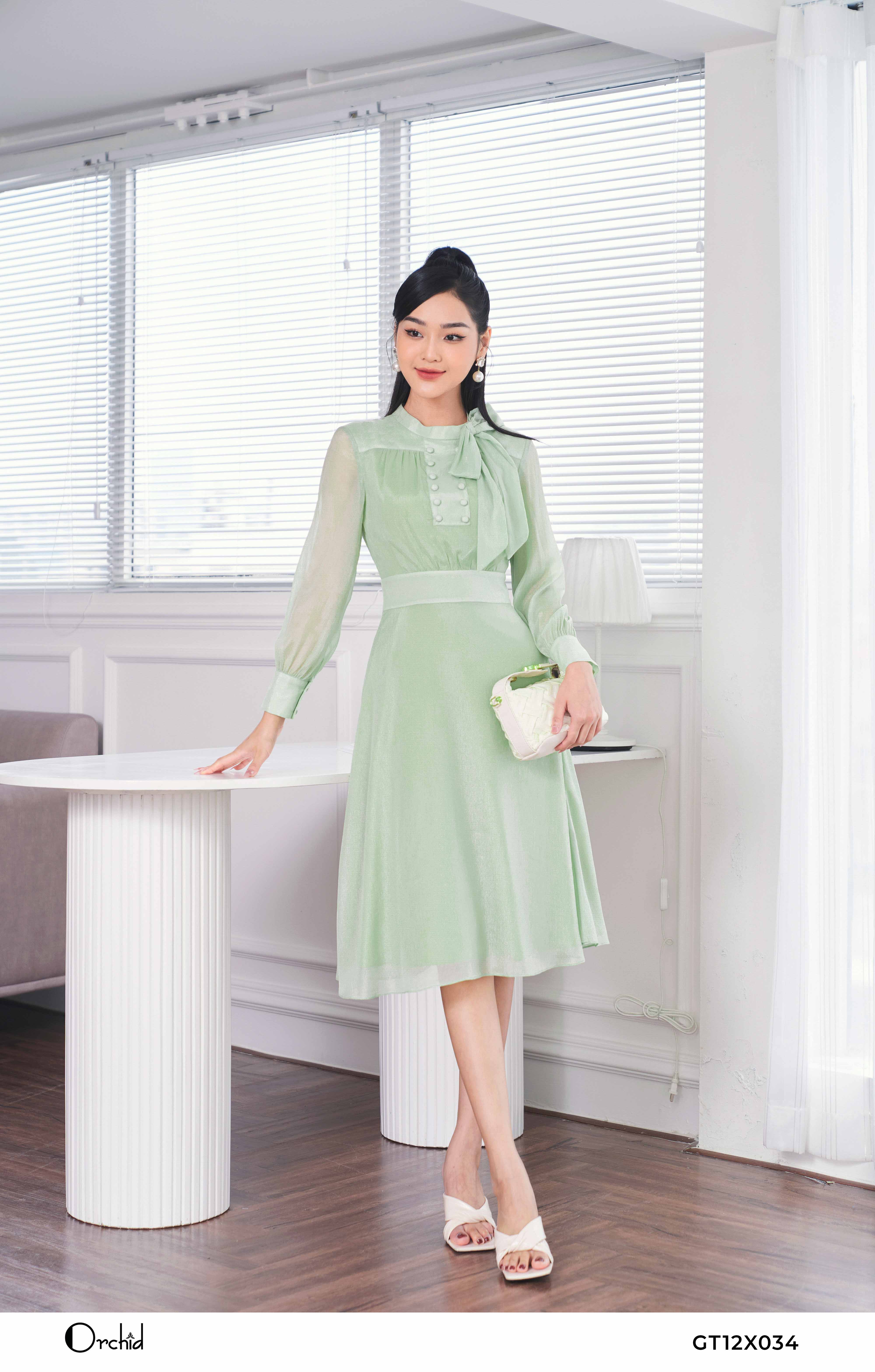 Váy Tafta Phối Nhũ Be Thiết Kế Cao Cấp V2839 - Xuân Quỳnh Luxury