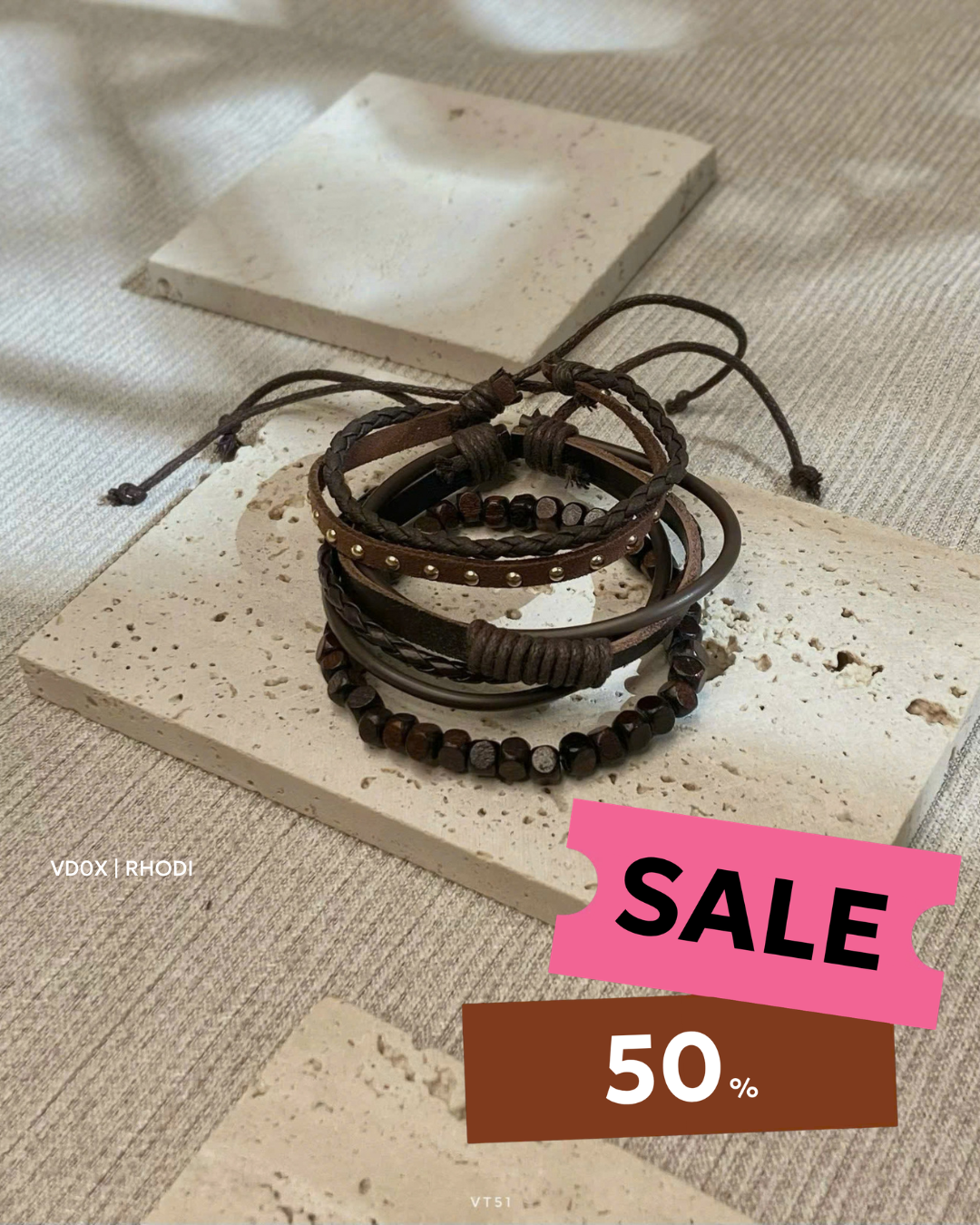 Vòng tay da VD06 đốt lớn - Nâu