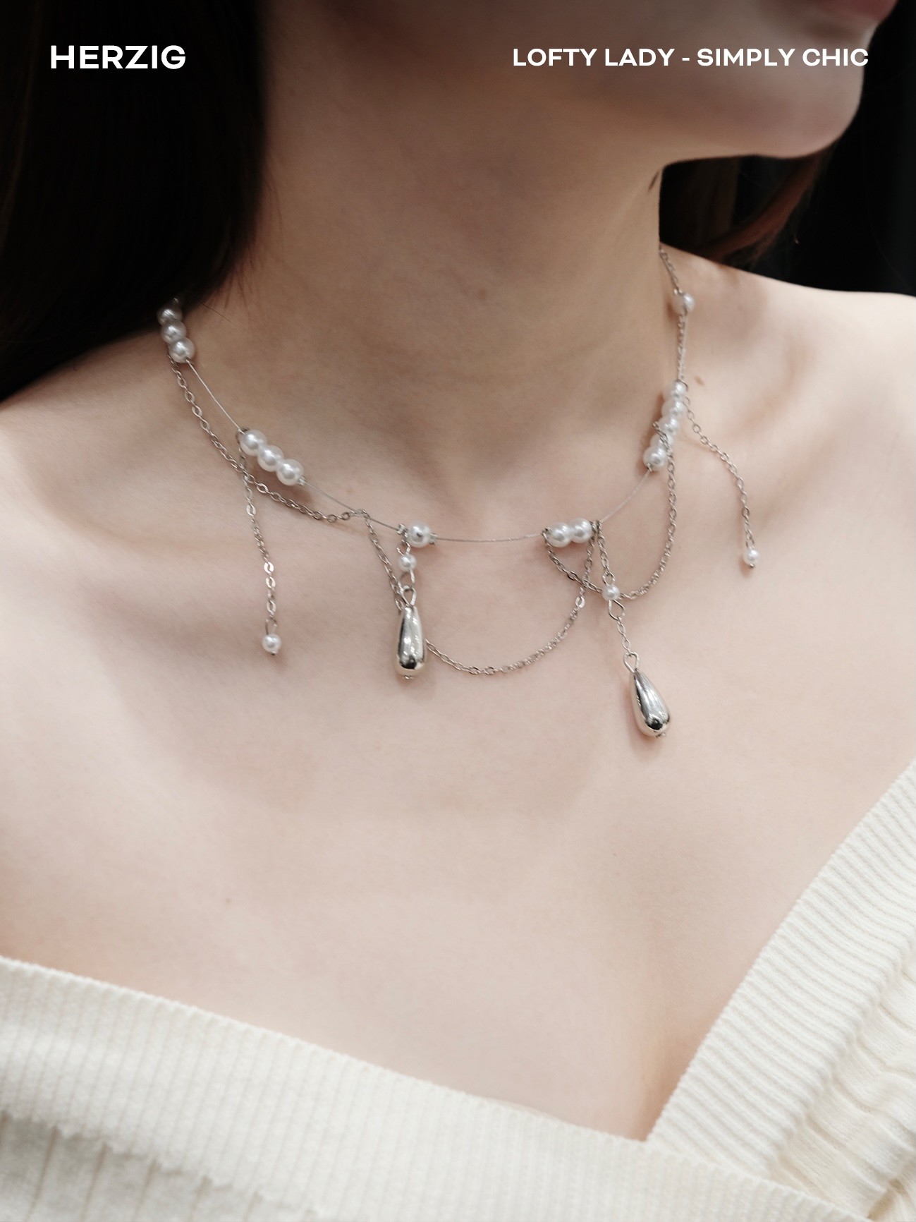 Vòng cổ đeo 2 vòng phối ngọc trai, giọt nước