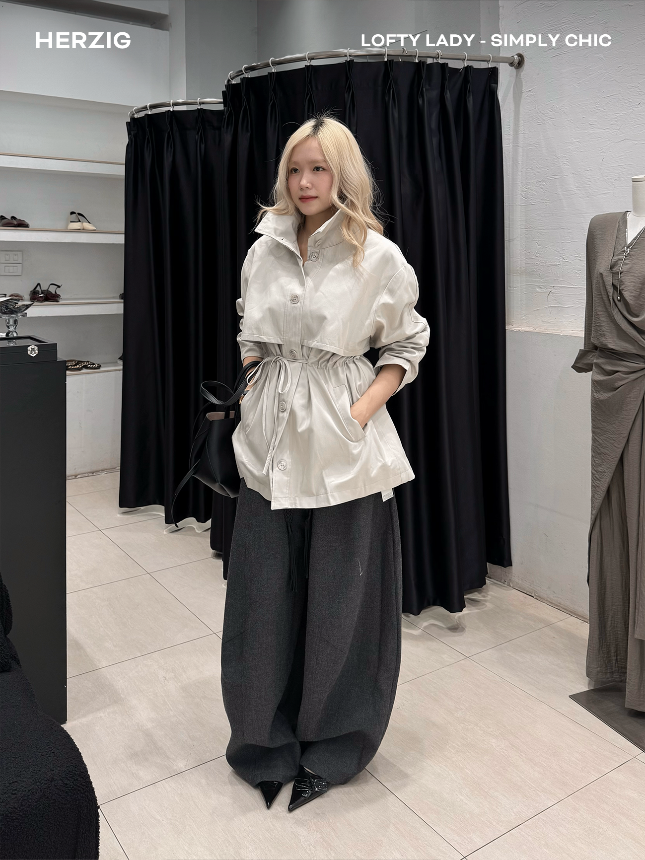 Áo trend coat dài qua mông rút eo