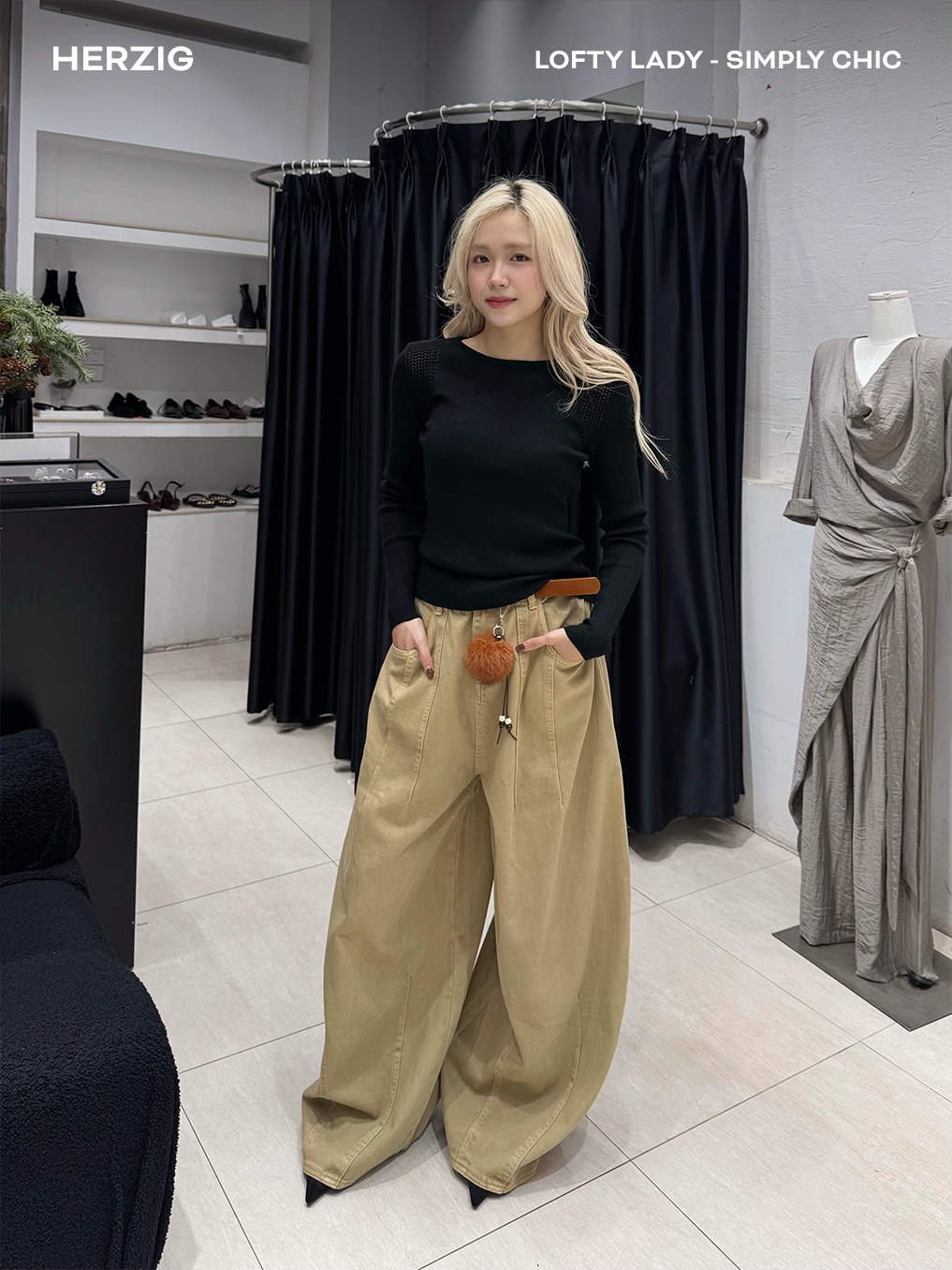 Quần jeans nâu kaki gân dọc thắt lưng nâu