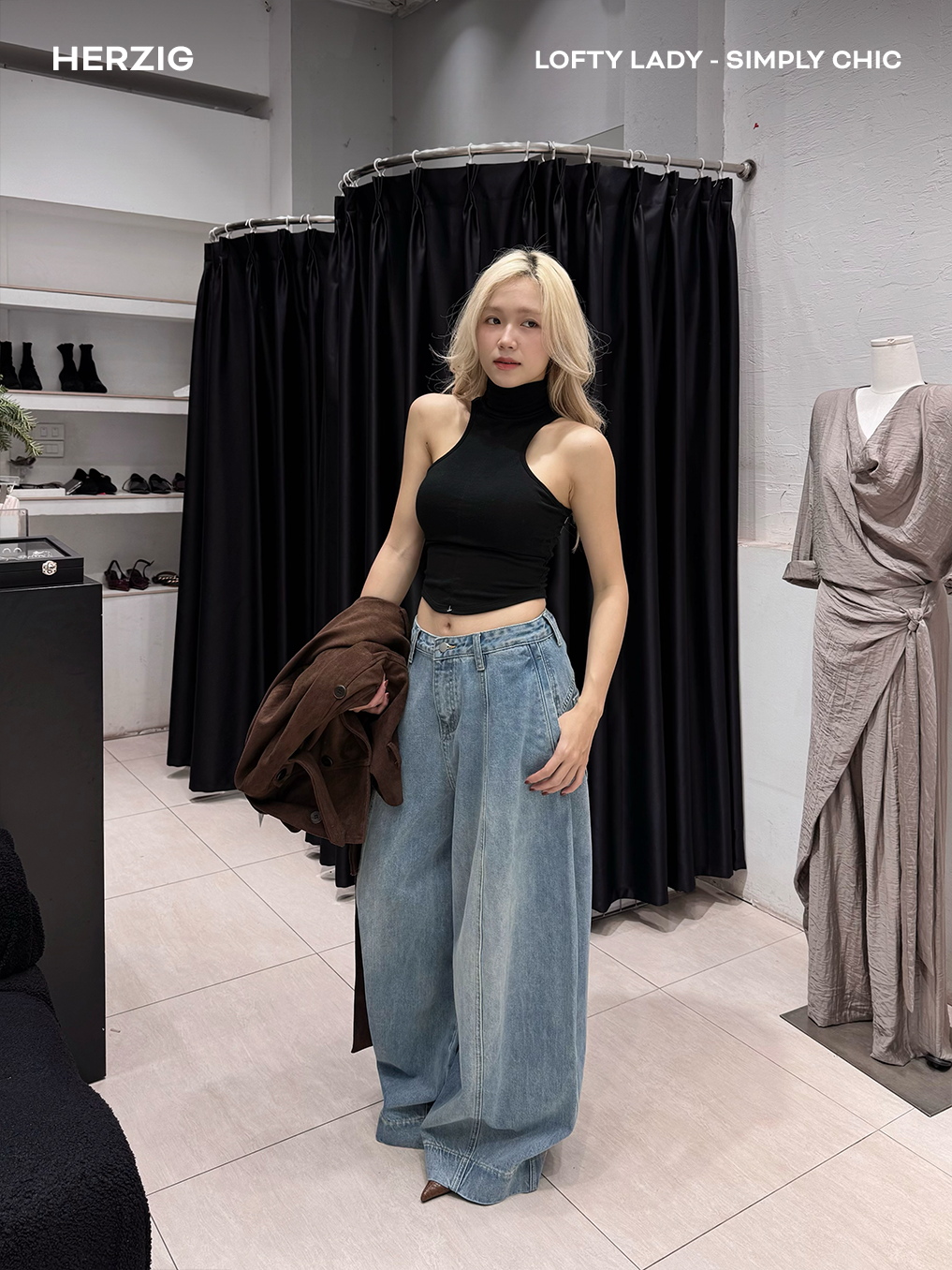 Quần jeans xanh form rộng gân dọc túi ngang
