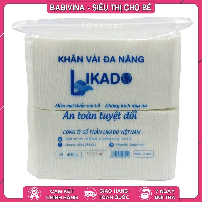 Khăn Khô Đa Năng Likado 400g 20x22cm | Thấm Hút, Đa Năng, An Toàn, Mềm Mịn Cho Làn Da Bé Yêu | Chính Hãng Likado Việt Nam | Babivina, Khăn Chính Hãng, Bán Lẻ Giá Sỉ