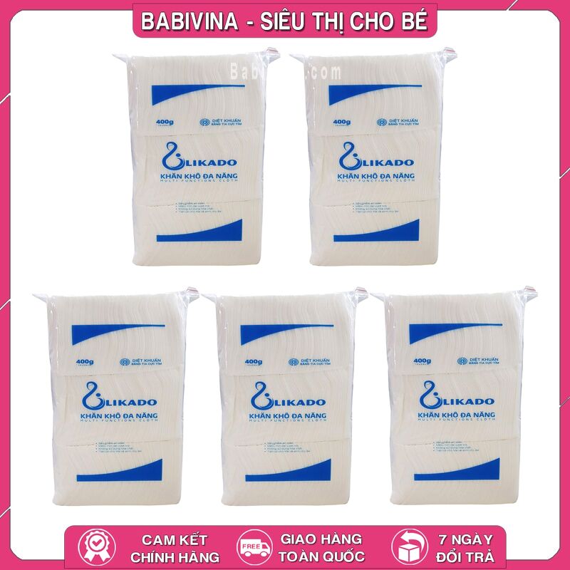 Combo 5 Gói Khăn Khô Đa Năng Likado 400g 15x20cm | Thấm Hút, Đa Năng, An Toàn, Mềm Mịn Cho Làn Da Bé Yêu | Chính Hãng Likado Việt Nam | Babivina, Khăn Chính Hãng, Bán Lẻ Giá Sỉ